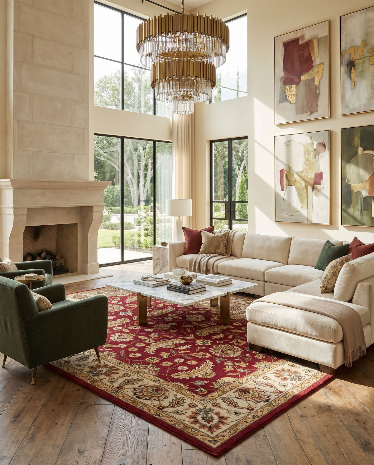 Deneb Hand Tufted Rug styled in an elegant designer living room — hand tufted traditional area rug in rust, light gray, ivory and navy tones