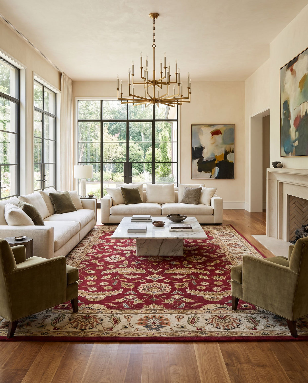 Deneb Hand Tufted Rug styled in an elegant designer living room — hand tufted traditional area rug in rust, light gray, ivory and navy tones