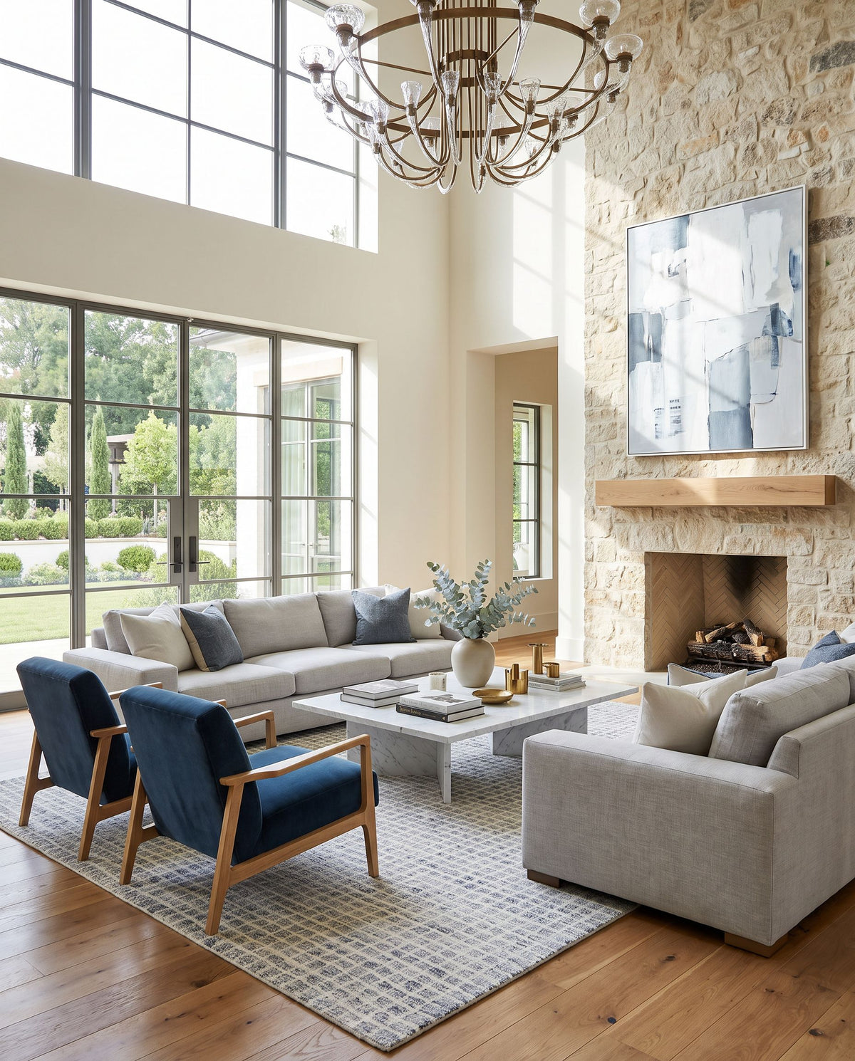 Divrigi Hand Tufted Rug styled in an elegant designer living room — hand tufted area rug in ivory, slate gray and pearl white tones