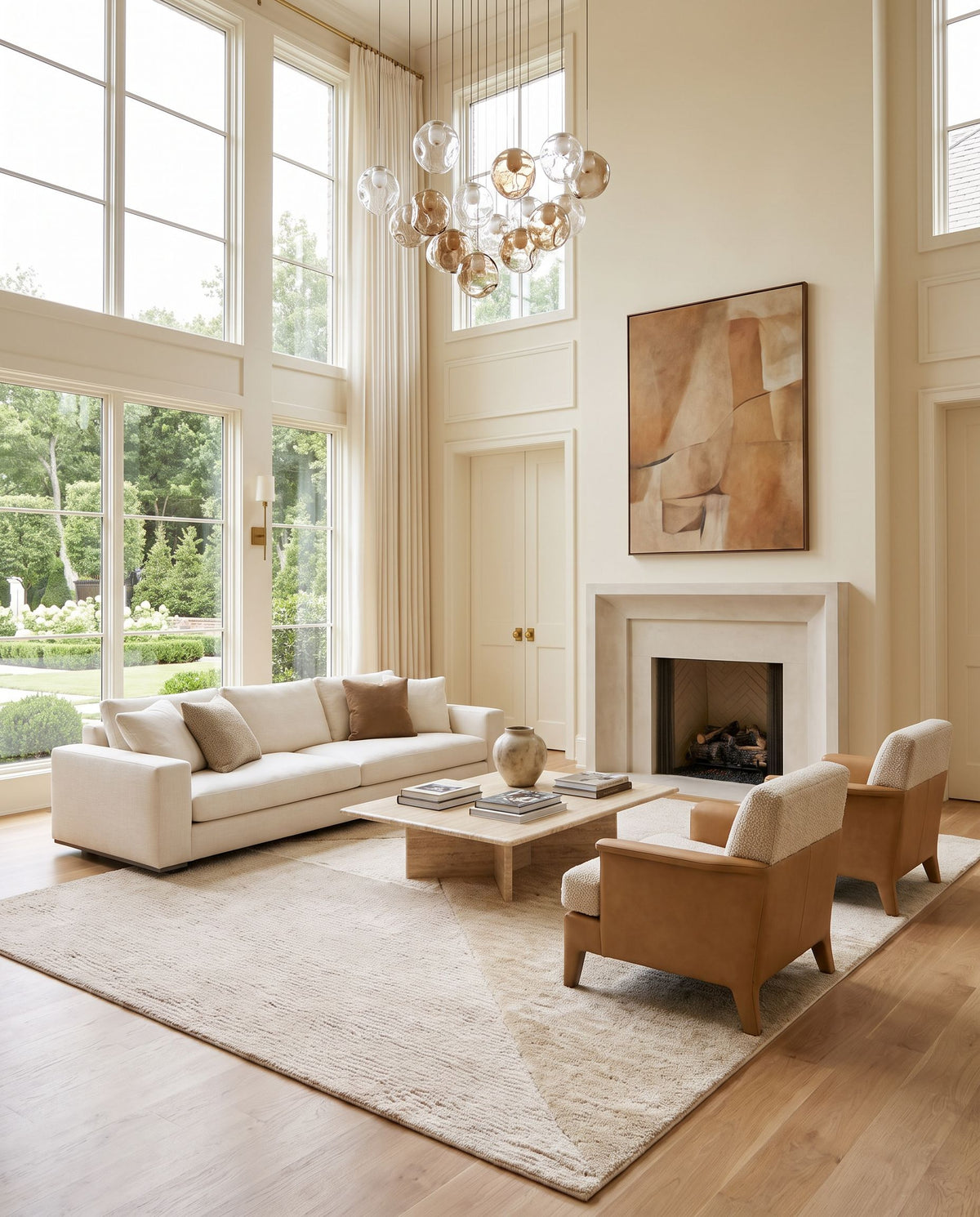 Ebba Hand Woven Rug as the centerpiece of a bright luxury living room — a hand woven modern area rug in warm neutral tones