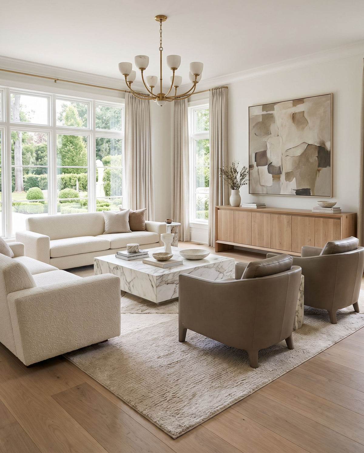 Ebba Hand Woven Rug styled in an elegant designer living room — hand woven modern area rug in warm neutral tones
