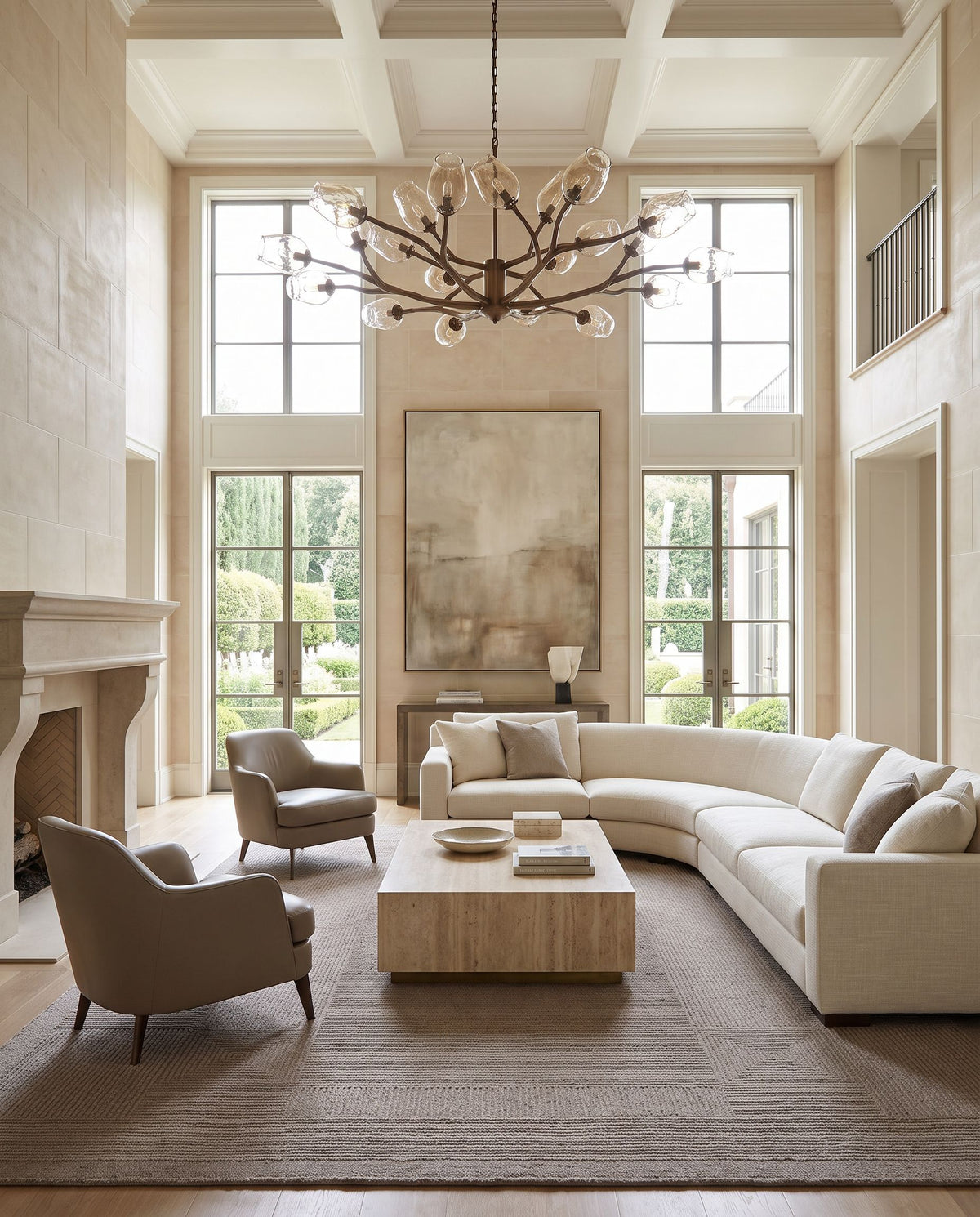 Foca Hand Tufted Rug as the centerpiece of a bright luxury living room — a hand tufted modern area rug in warm neutral tones