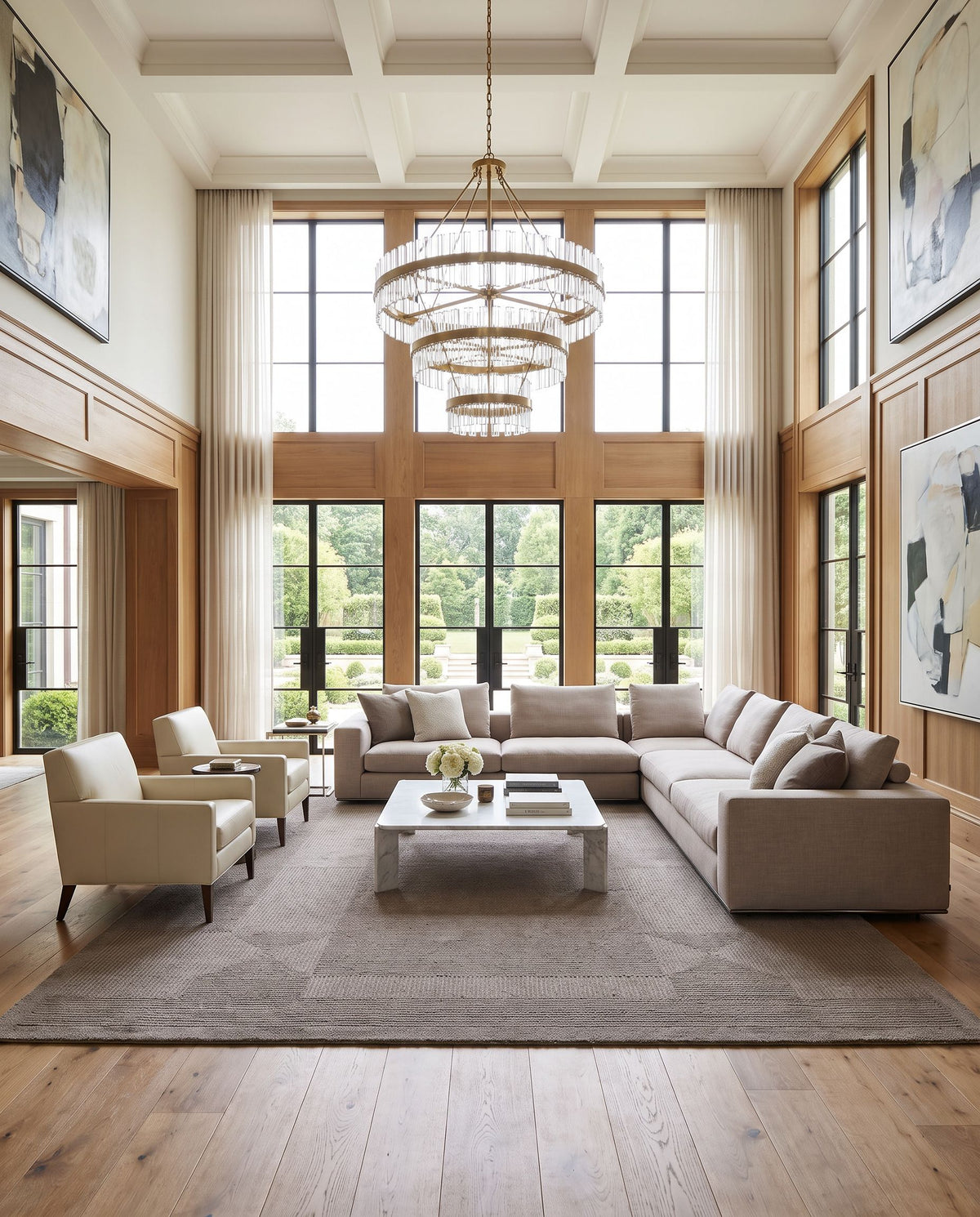 Foca Hand Tufted Rug styled in an elegant designer living room — hand tufted modern area rug in warm neutral tones