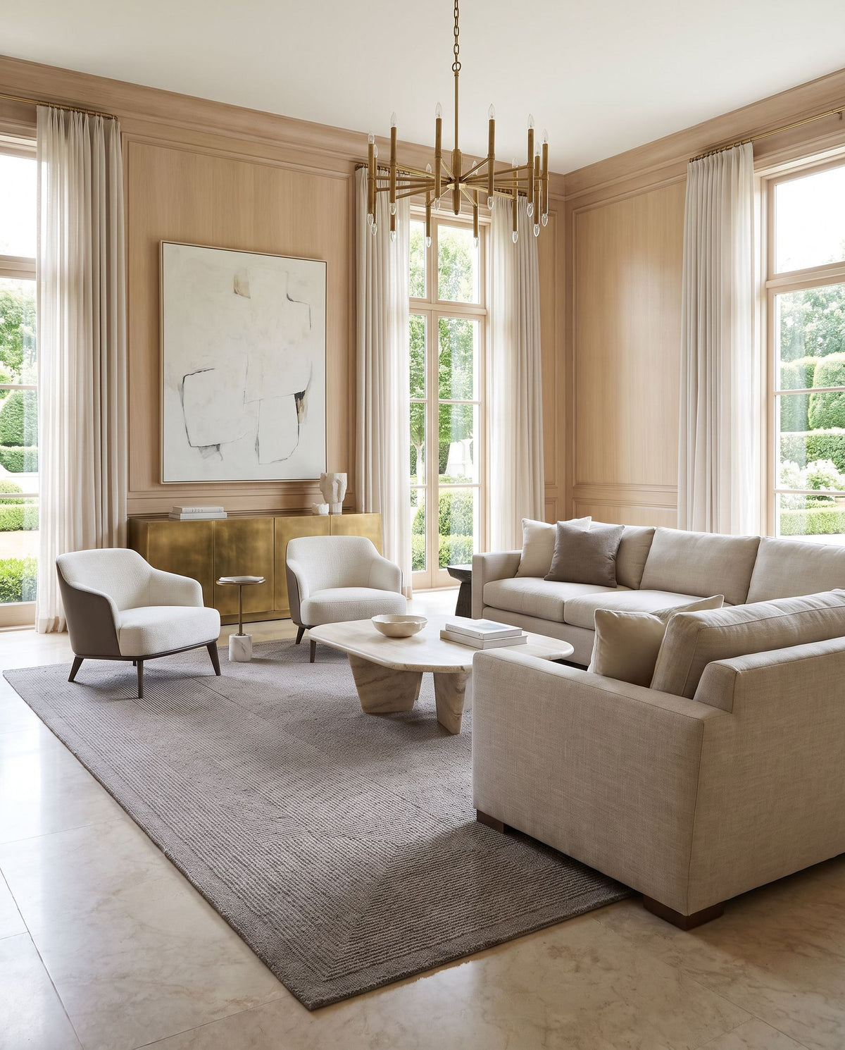 Foca Hand Tufted Rug styled in an elegant designer living room — hand tufted modern area rug in warm neutral tones