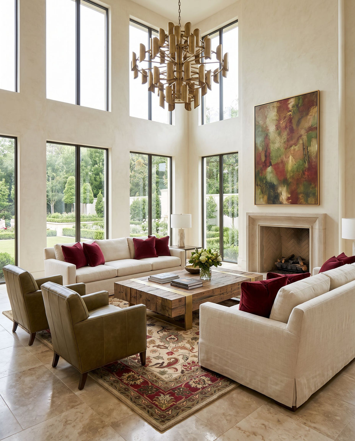 Framura Hand Tufted Rug as the centerpiece of a bright luxury living room — a hand tufted traditional area rug in tan, rust, olive and navy tones