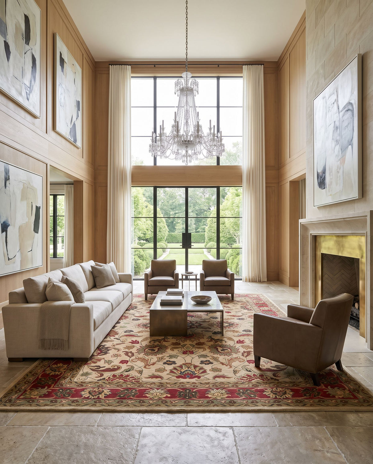 Framura Hand Tufted Rug styled in an elegant designer living room — hand tufted traditional area rug in tan, rust, olive and navy tones
