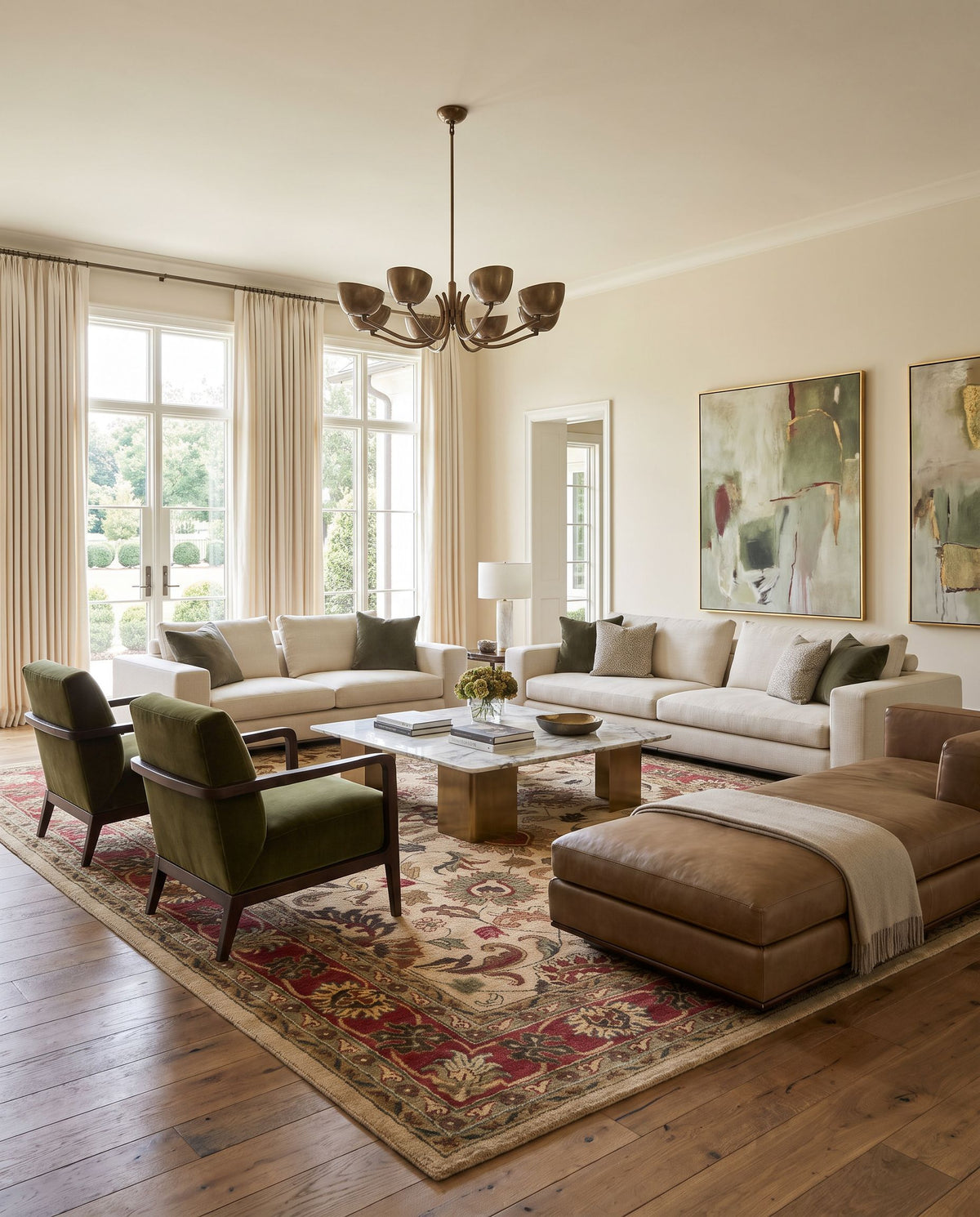 Framura Hand Tufted Rug styled in an elegant designer living room — hand tufted traditional area rug in tan, rust, olive and navy tones
