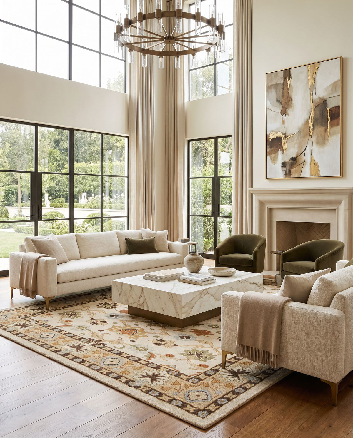Freesia Hand Tufted Rug as the centerpiece of a bright luxury living room — a hand tufted traditional area rug in light beige, tan, brown and slate tones
