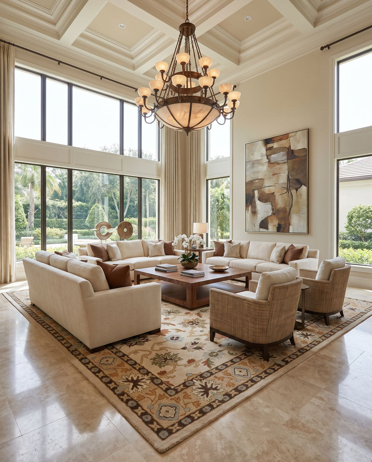 Freesia Hand Tufted Rug styled in an elegant designer living room — hand tufted traditional area rug in light beige, tan, brown and slate tones