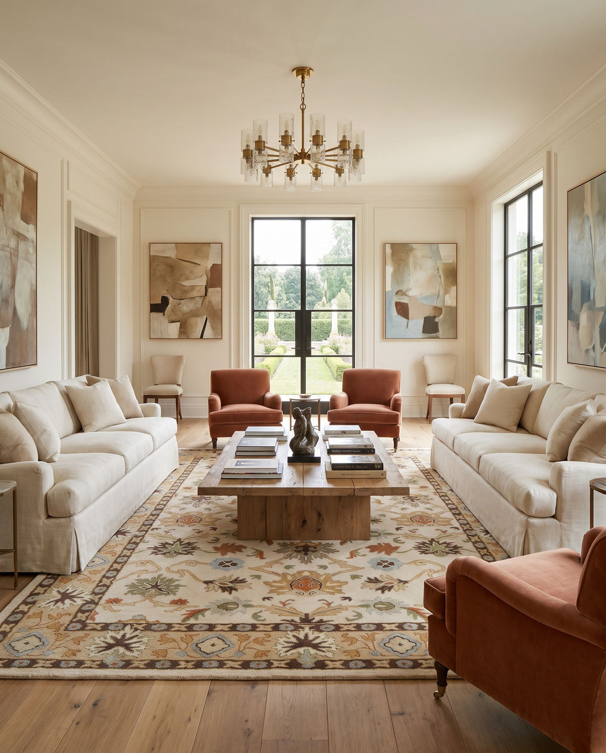 Freesia Hand Tufted Rug styled in an elegant designer living room — hand tufted traditional area rug in light beige, tan, brown and slate tones