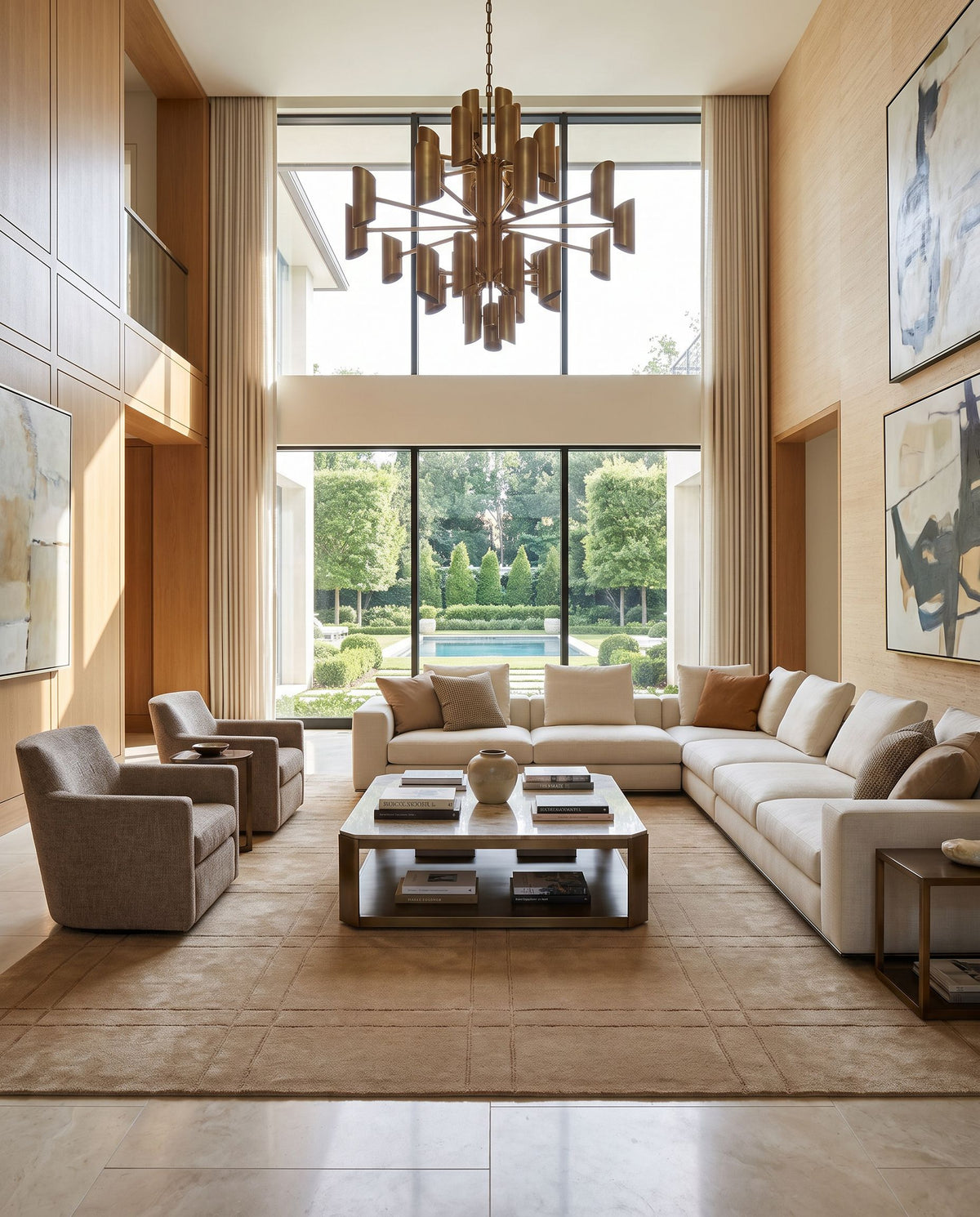 Falster Hand Tufted Rug as the centerpiece of a bright luxury living room — a hand tufted modern area rug in tan tones