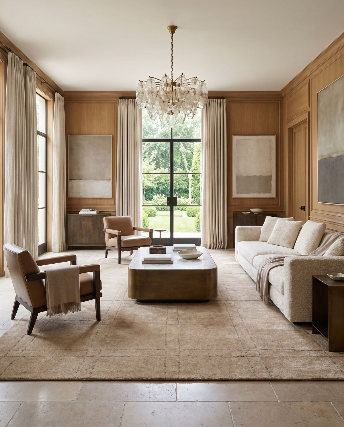 Falster Hand Tufted Rug styled in an elegant designer living room — hand tufted modern area rug in tan tones