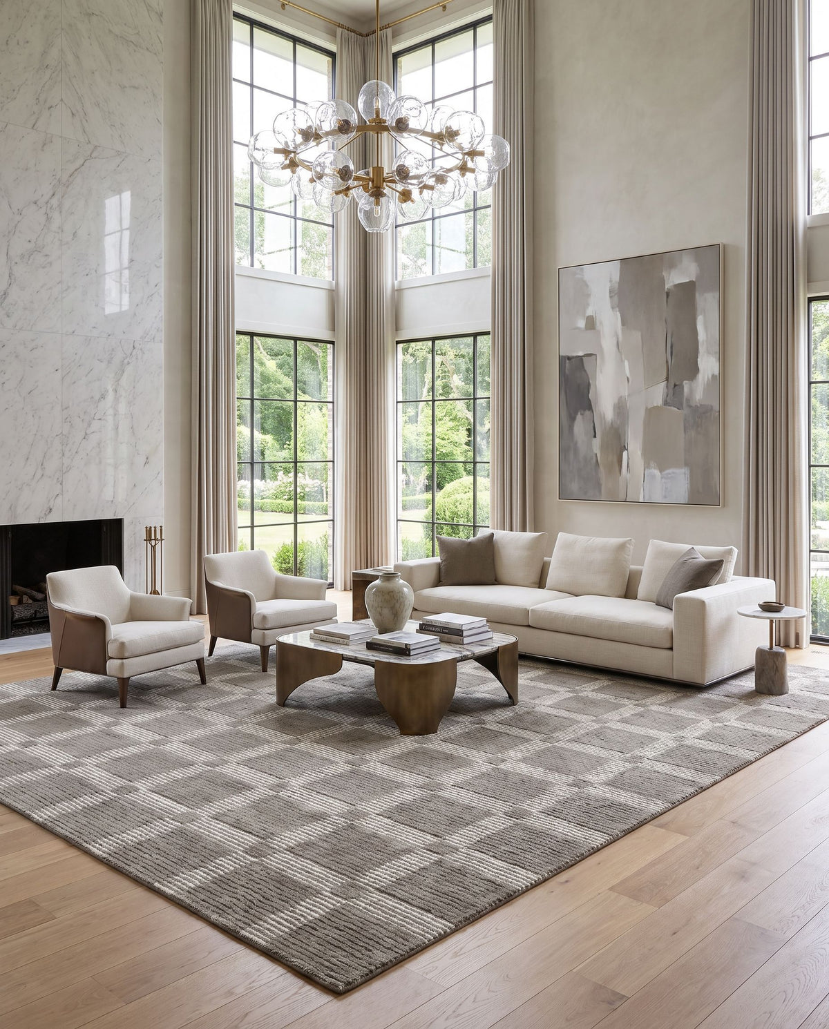 Gordes Hand Tufted Rug styled in an elegant designer living room — hand tufted modern area rug in warm neutral tones