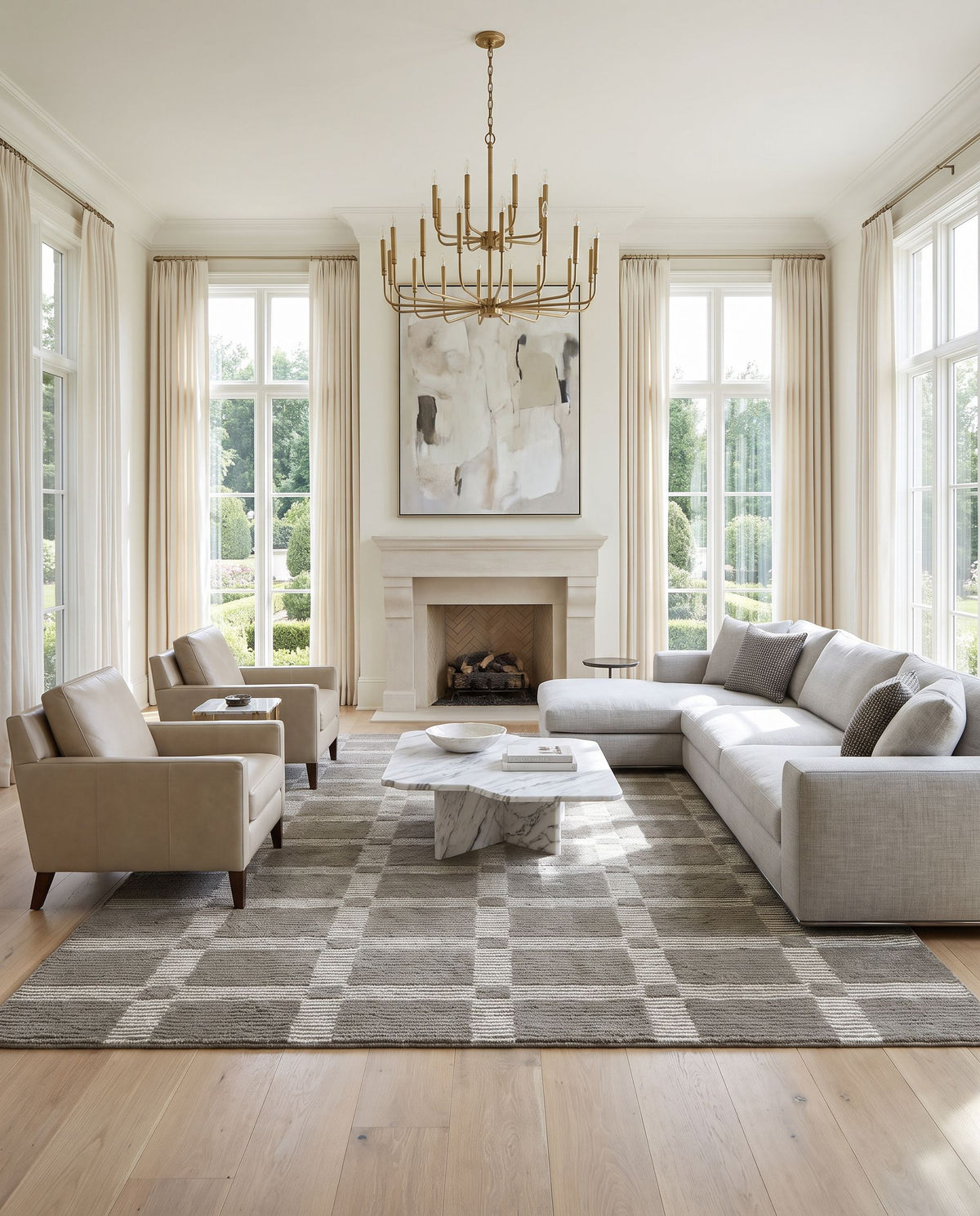 Gordes Hand Tufted Rug styled in an elegant designer living room — hand tufted modern area rug in warm neutral tones