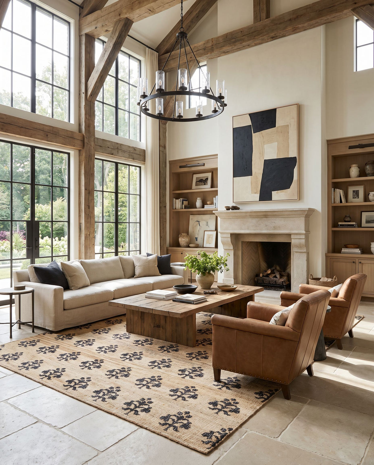 Goreme Hand Woven Rug as the centerpiece of a bright luxury living room — a hand woven modern area rug in beige and charcoal tones