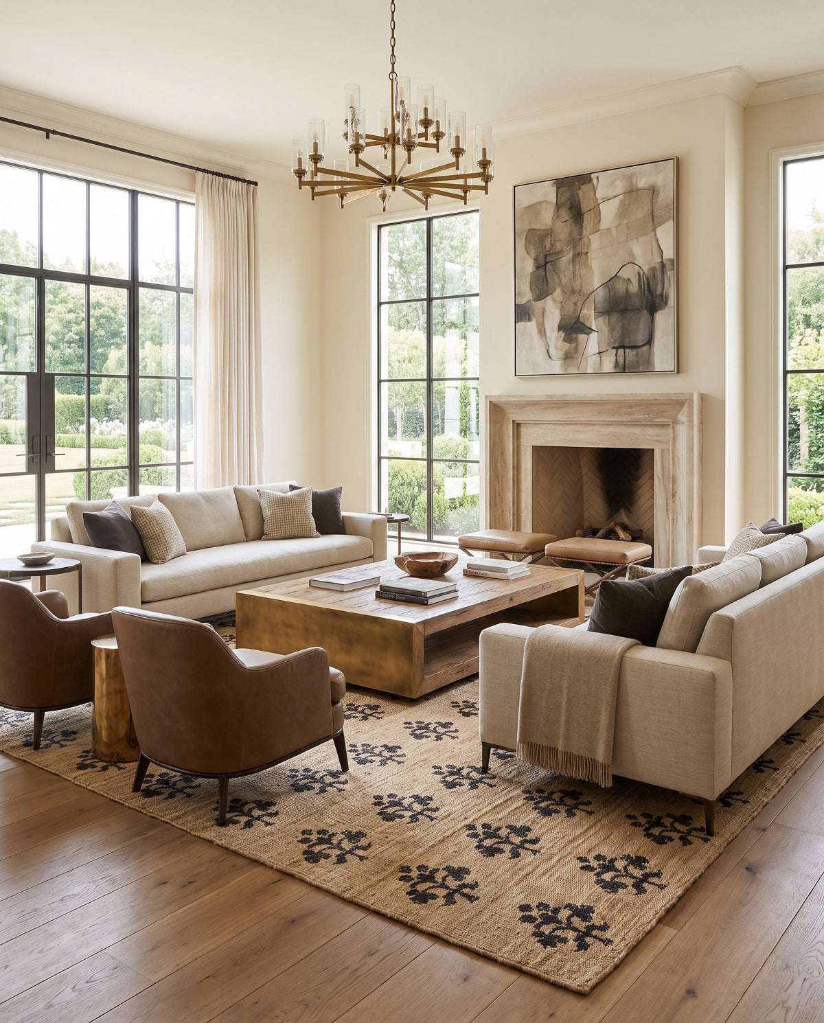 Goreme Hand Woven Rug styled in an elegant designer living room — hand woven modern area rug in beige and charcoal tones