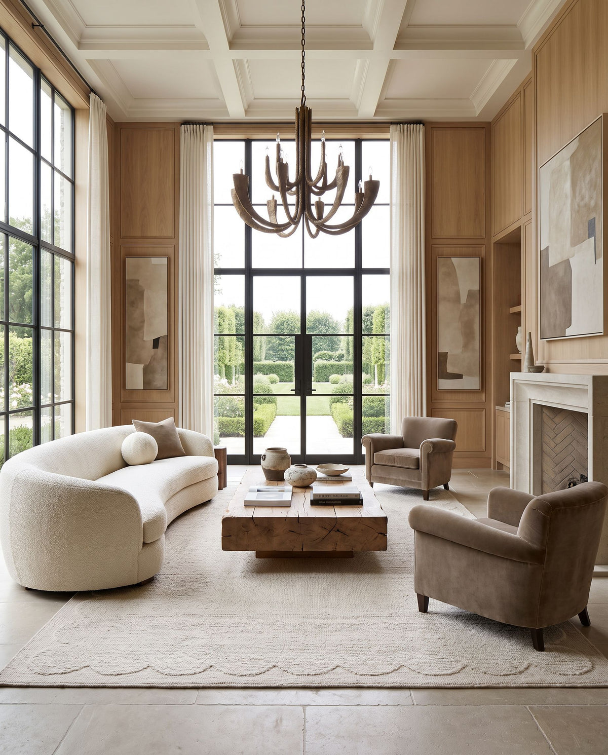 Hedda Hand Tufted Rug styled in an elegant designer living room — hand tufted modern area rug in warm neutral tones