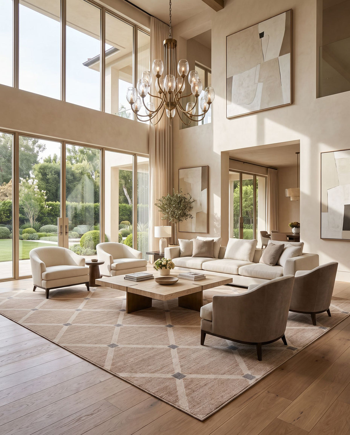 Hereke Hand Woven Rug as the centerpiece of a bright luxury living room — a hand woven modern area rug in beige, ivory and slate gray tones