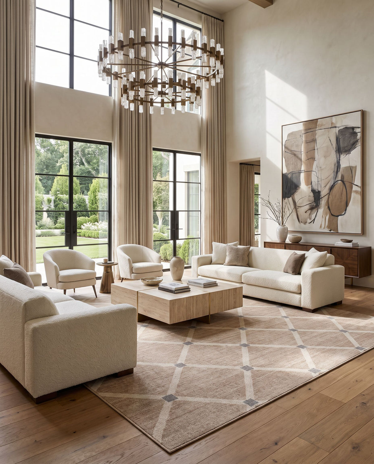 Hereke Hand Woven Rug styled in an elegant designer living room — hand woven modern area rug in beige, ivory and slate gray tones
