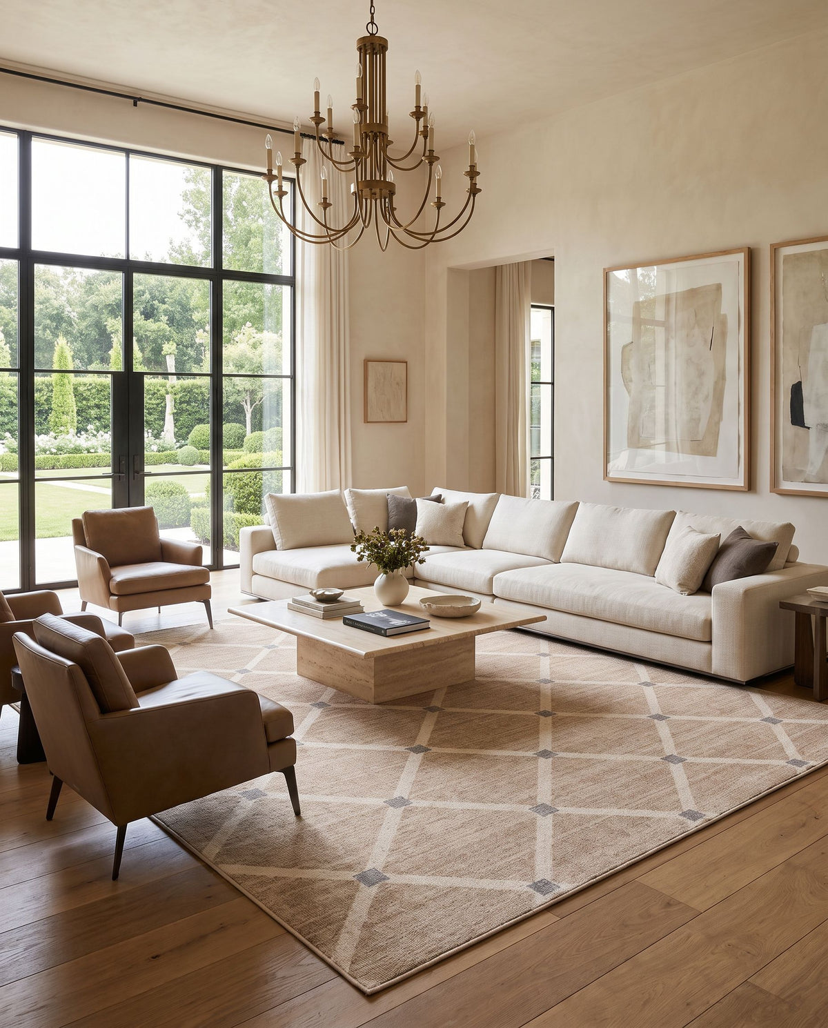 Hereke Hand Woven Rug styled in an elegant designer living room — hand woven modern area rug in beige, ivory and slate gray tones