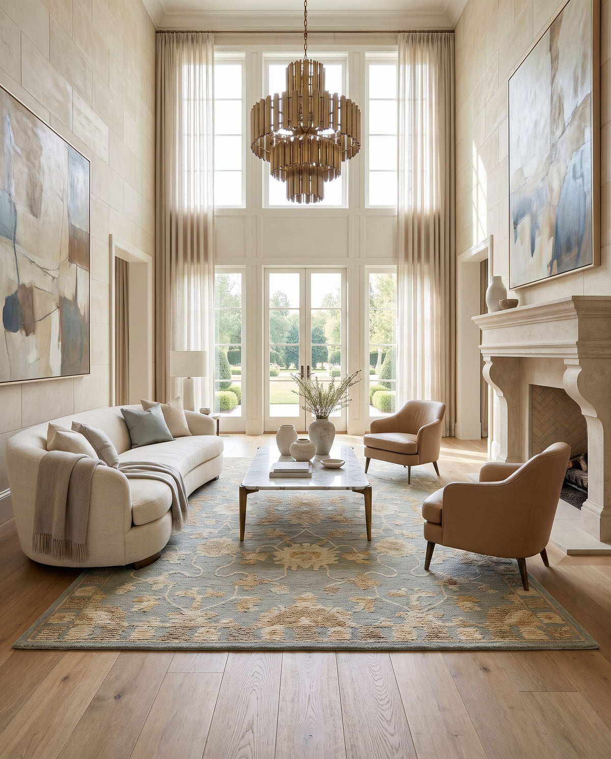 Hayriye Hand Tufted Rug as the centerpiece of a bright luxury living room — a hand tufted traditional area rug in warm neutral tones