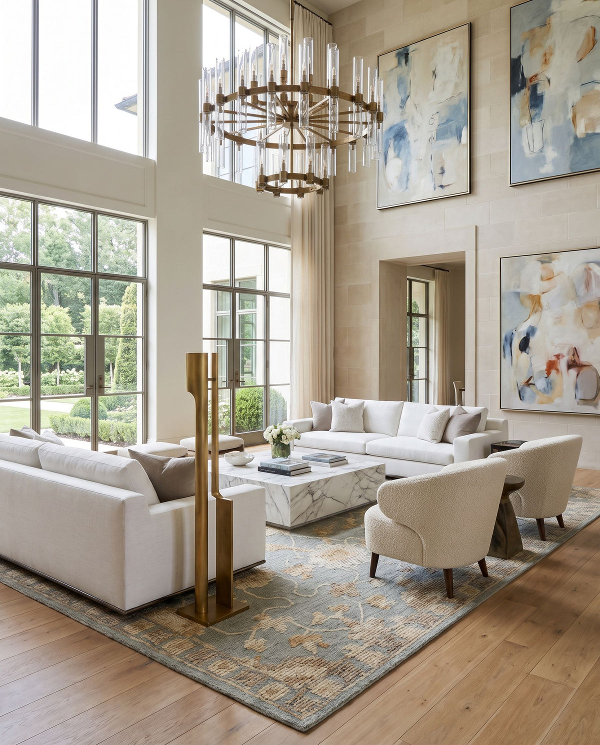 Hayriye Hand Tufted Rug styled in an elegant designer living room — hand tufted traditional area rug in warm neutral tones