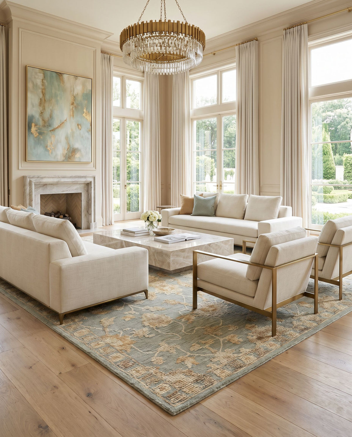 Hayriye Hand Tufted Rug styled in an elegant designer living room — hand tufted traditional area rug in warm neutral tones