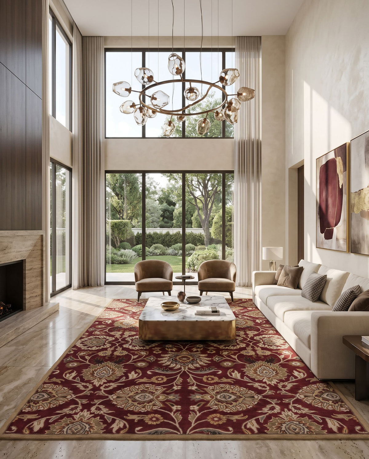 Idun Hand Tufted Rug as the centerpiece of a bright luxury living room — a hand tufted traditional area rug in dark red, mustard, brown and tan tones