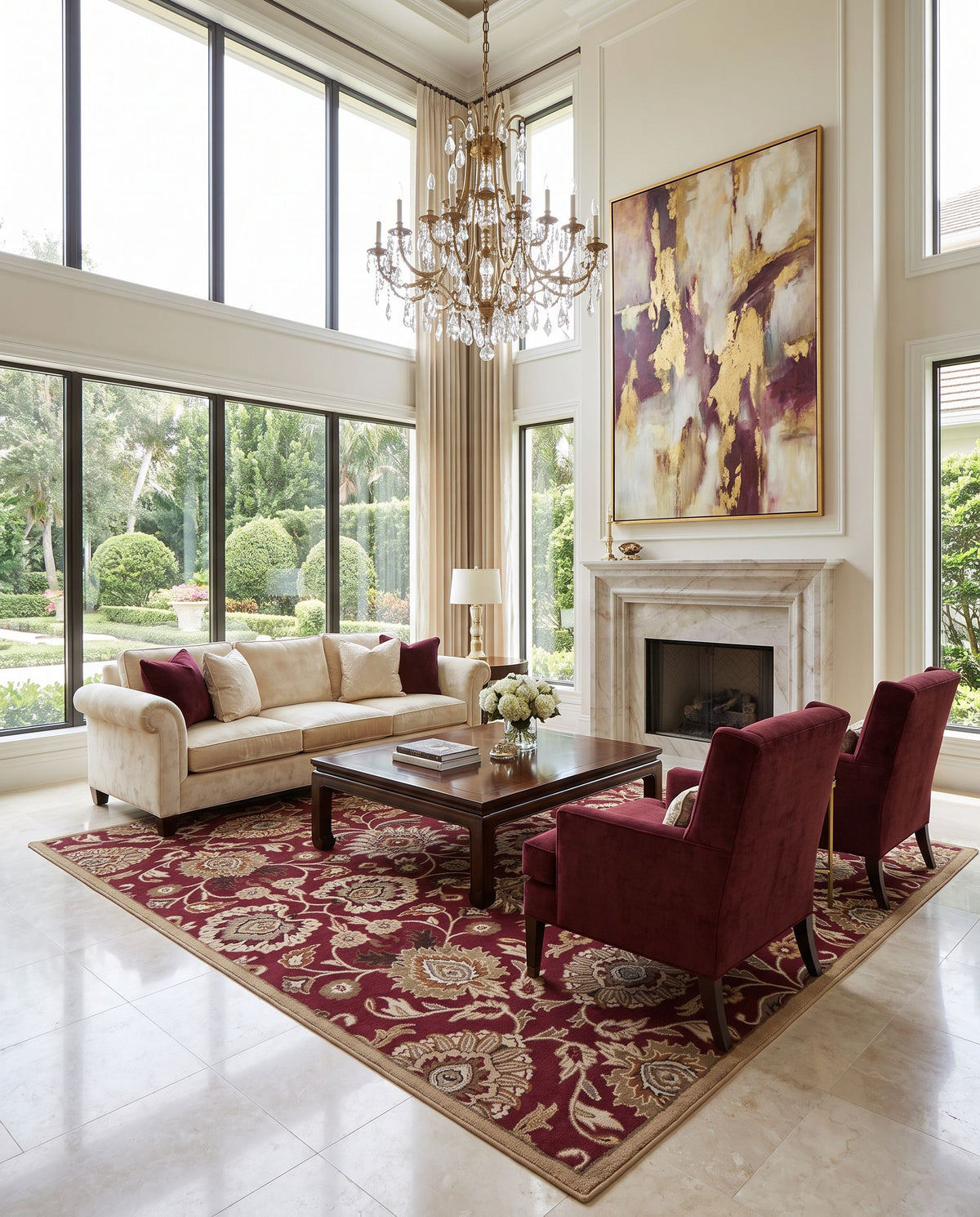 Idun Hand Tufted Rug styled in an elegant designer living room — hand tufted traditional area rug in dark red, mustard, brown and tan tones