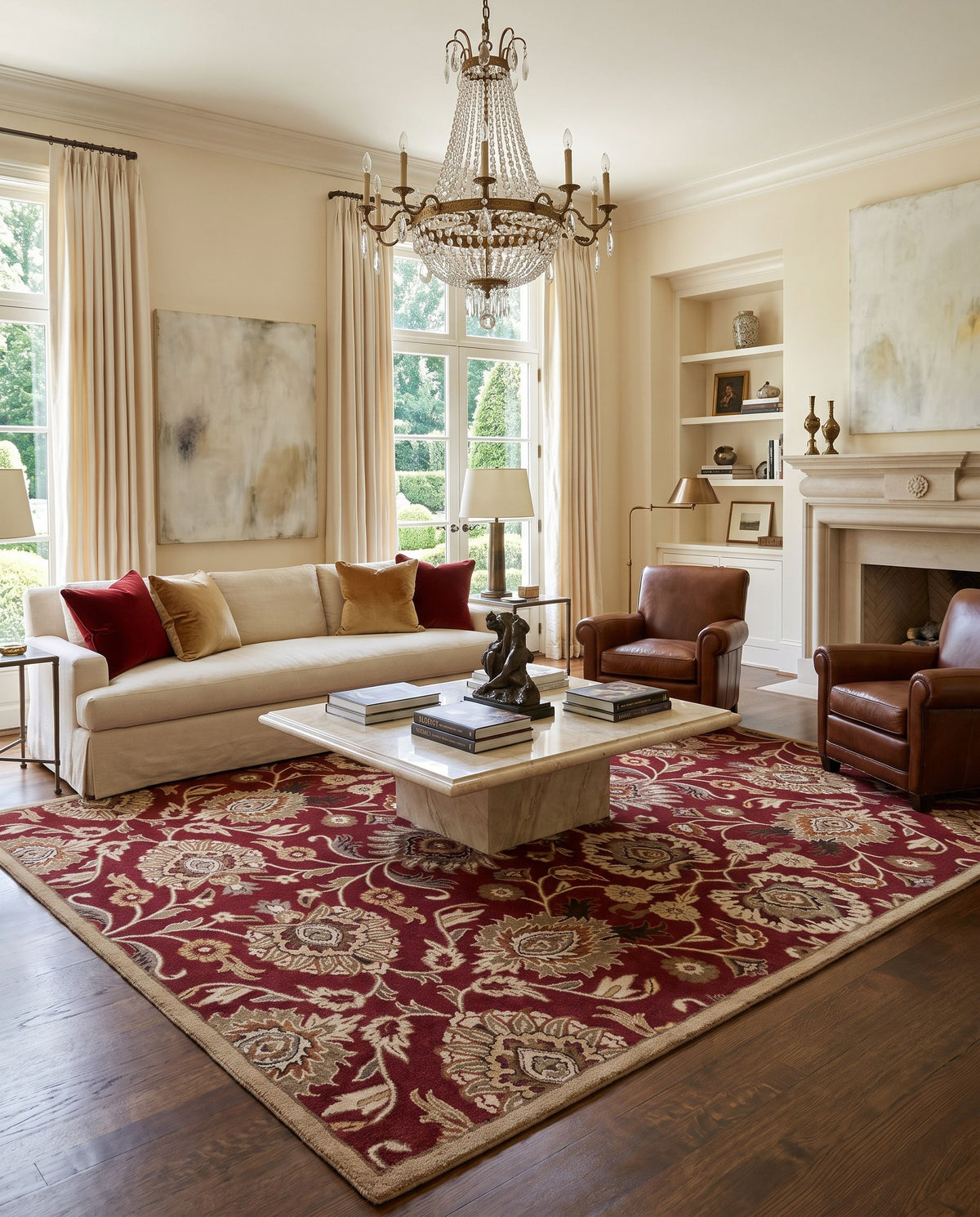 Idun Hand Tufted Rug styled in an elegant designer living room — hand tufted traditional area rug in dark red, mustard, brown and tan tones