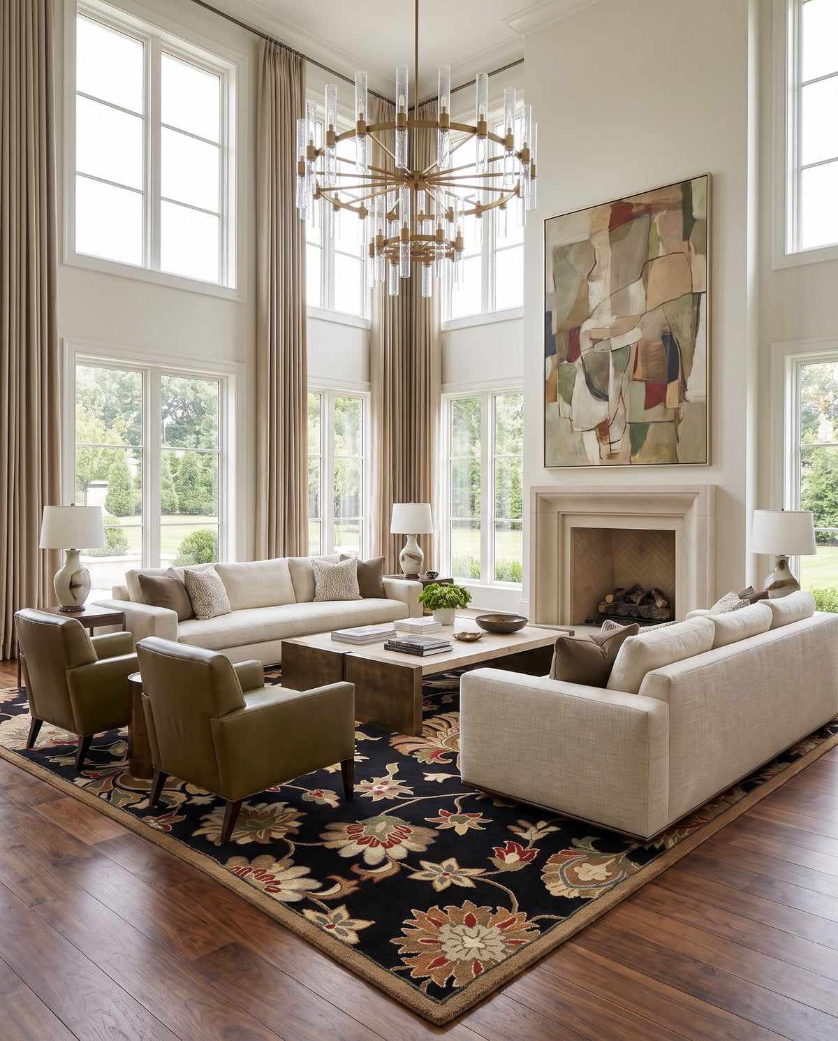 Izar Hand Tufted Rug as the centerpiece of a bright luxury living room — a hand tufted traditional area rug in black, dark brown, light beige and beige tones