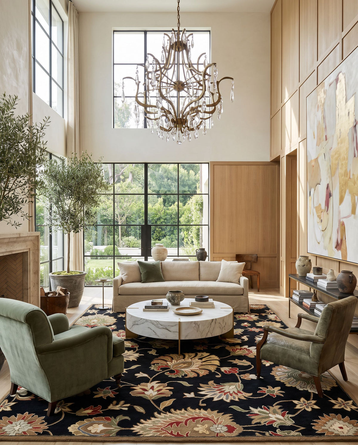 Izar Hand Tufted Rug styled in an elegant designer living room — hand tufted traditional area rug in black, dark brown, light beige and beige tones