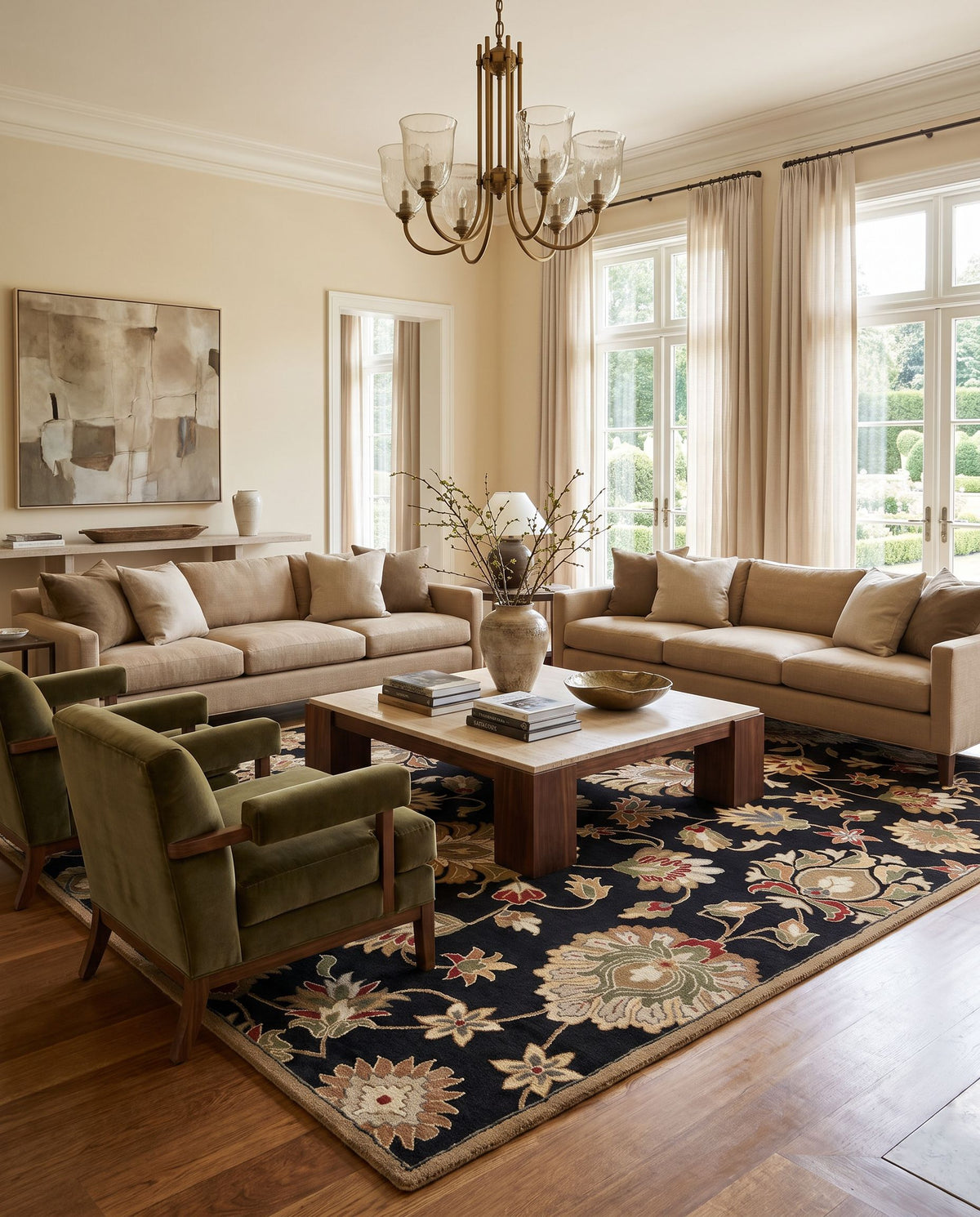 Izar Hand Tufted Rug styled in an elegant designer living room — hand tufted traditional area rug in black, dark brown, light beige and beige tones