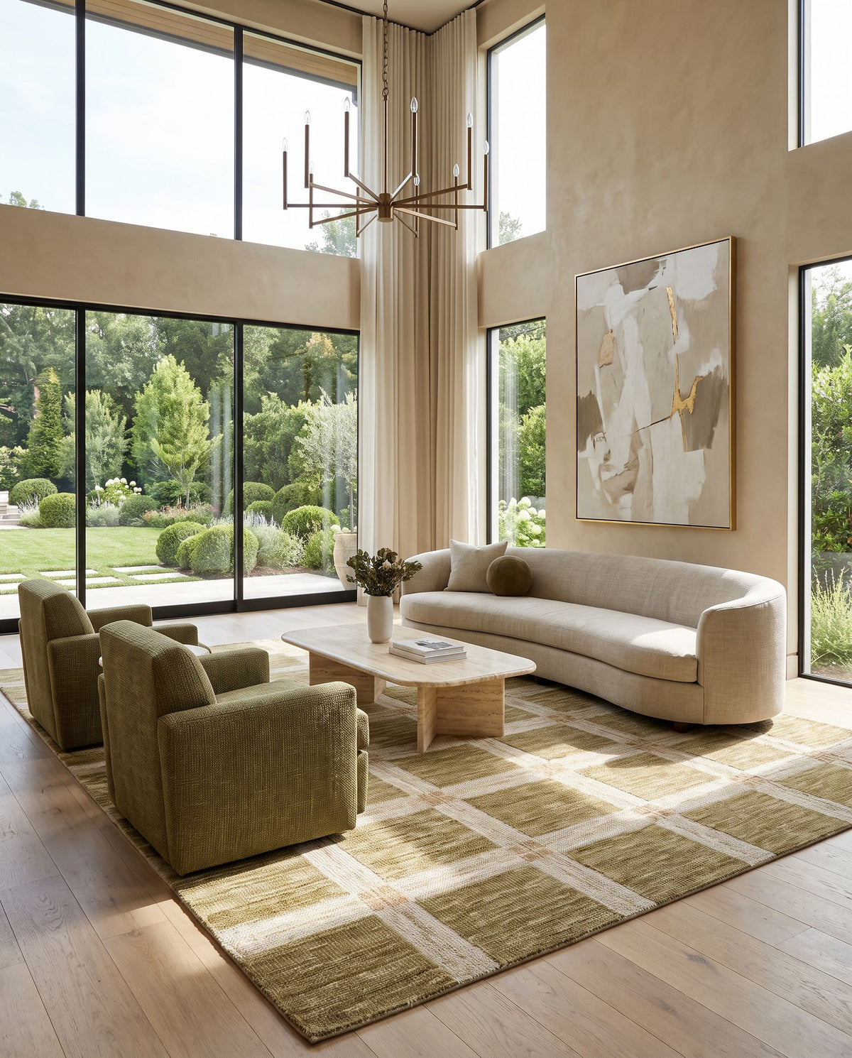 Jornada Hand Tufted Rug as the centerpiece of a bright luxury living room — a hand tufted modern area rug in warm neutral tones
