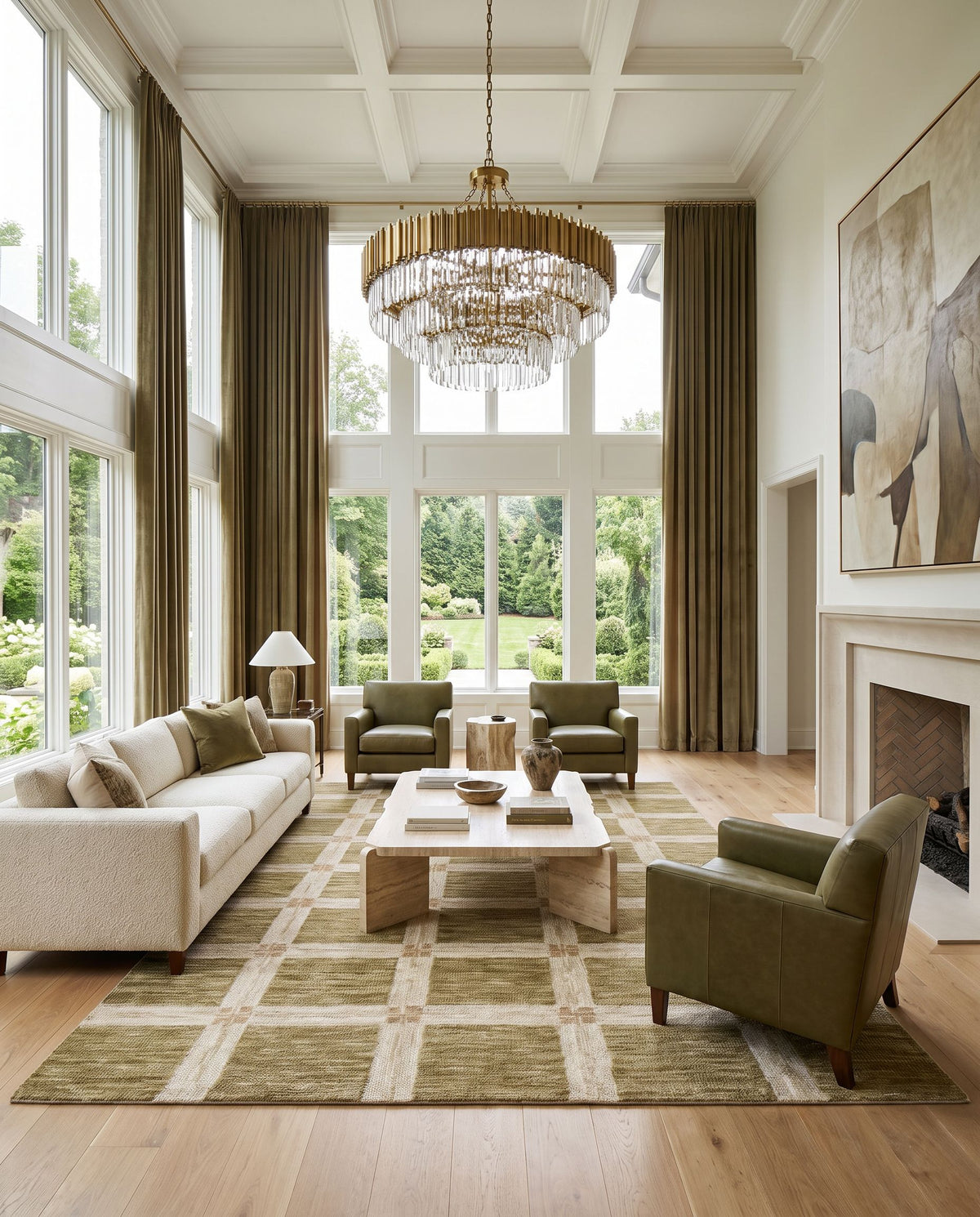 Jornada Hand Tufted Rug styled in an elegant designer living room — hand tufted modern area rug in warm neutral tones
