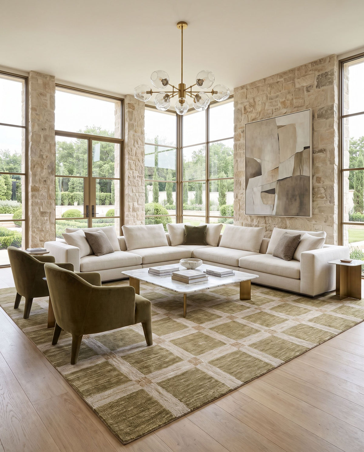 Jornada Hand Tufted Rug styled in an elegant designer living room — hand tufted modern area rug in warm neutral tones