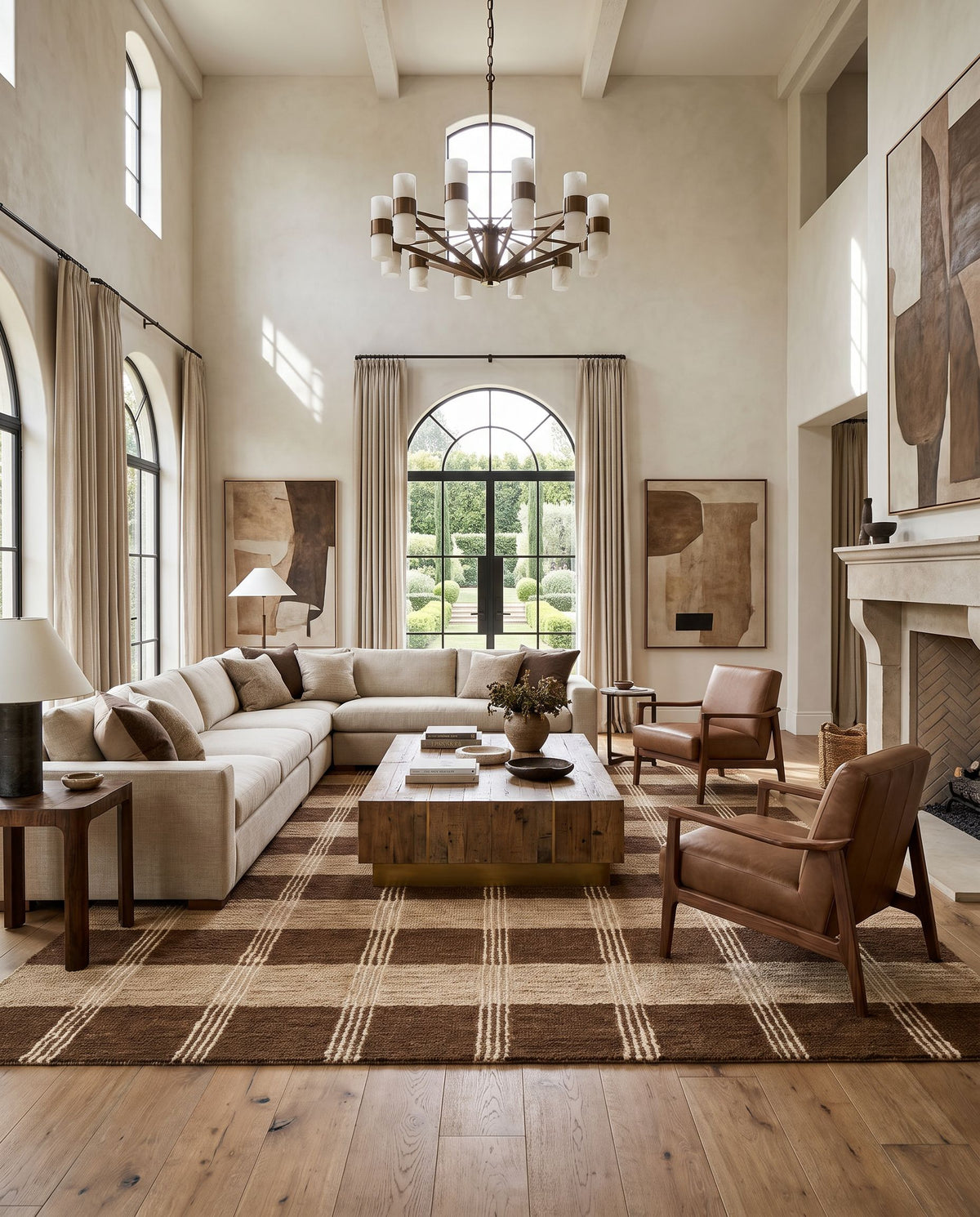 Kecioren Hand Tufted Rug as the centerpiece of a bright luxury living room — a hand tufted modern area rug in brown, camel, ivory and off-white tones