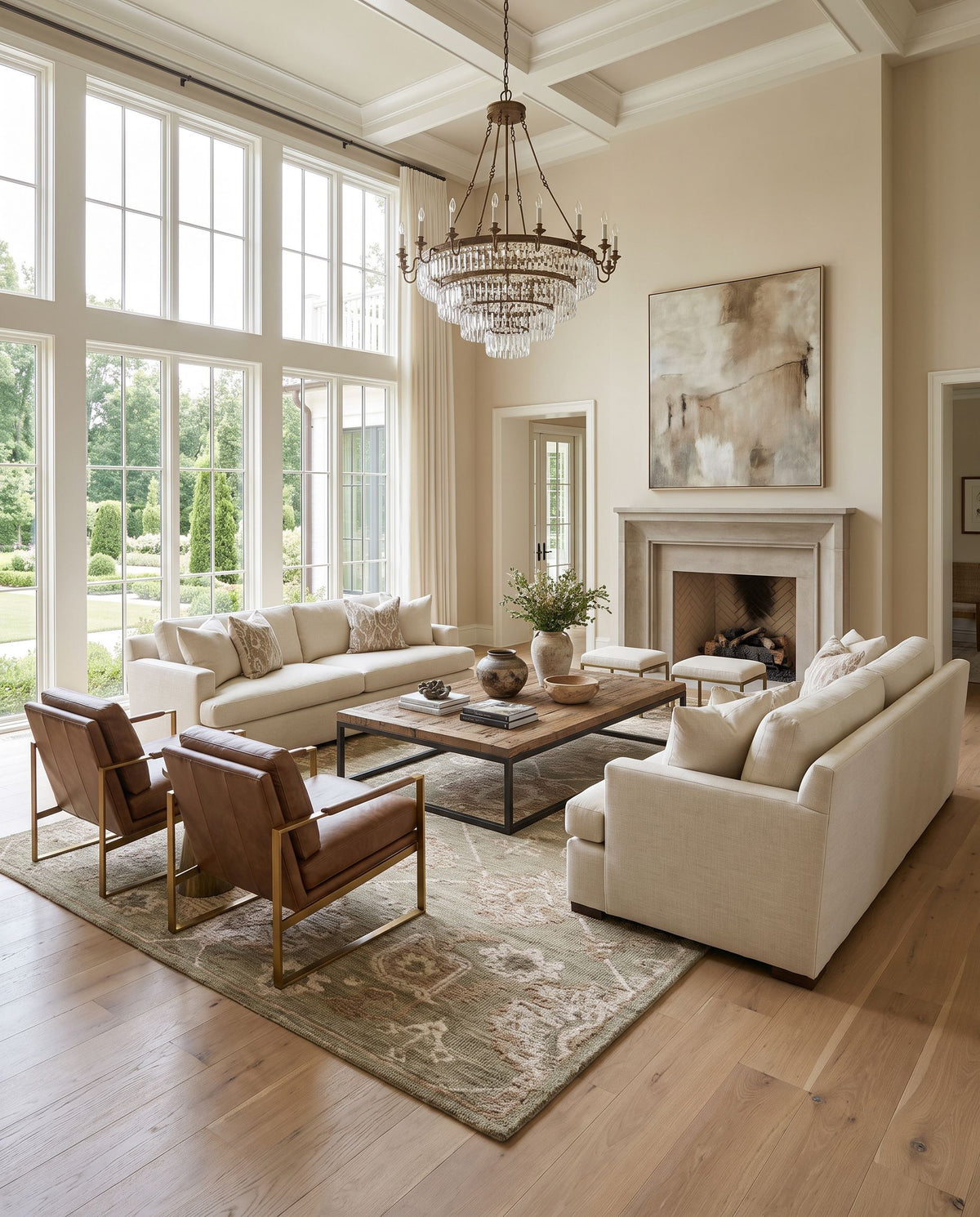 Kosekoy Hand Tufted Rug as the centerpiece of a bright luxury living room — a hand tufted traditional area rug in sage, taupe, ivory and blush tones