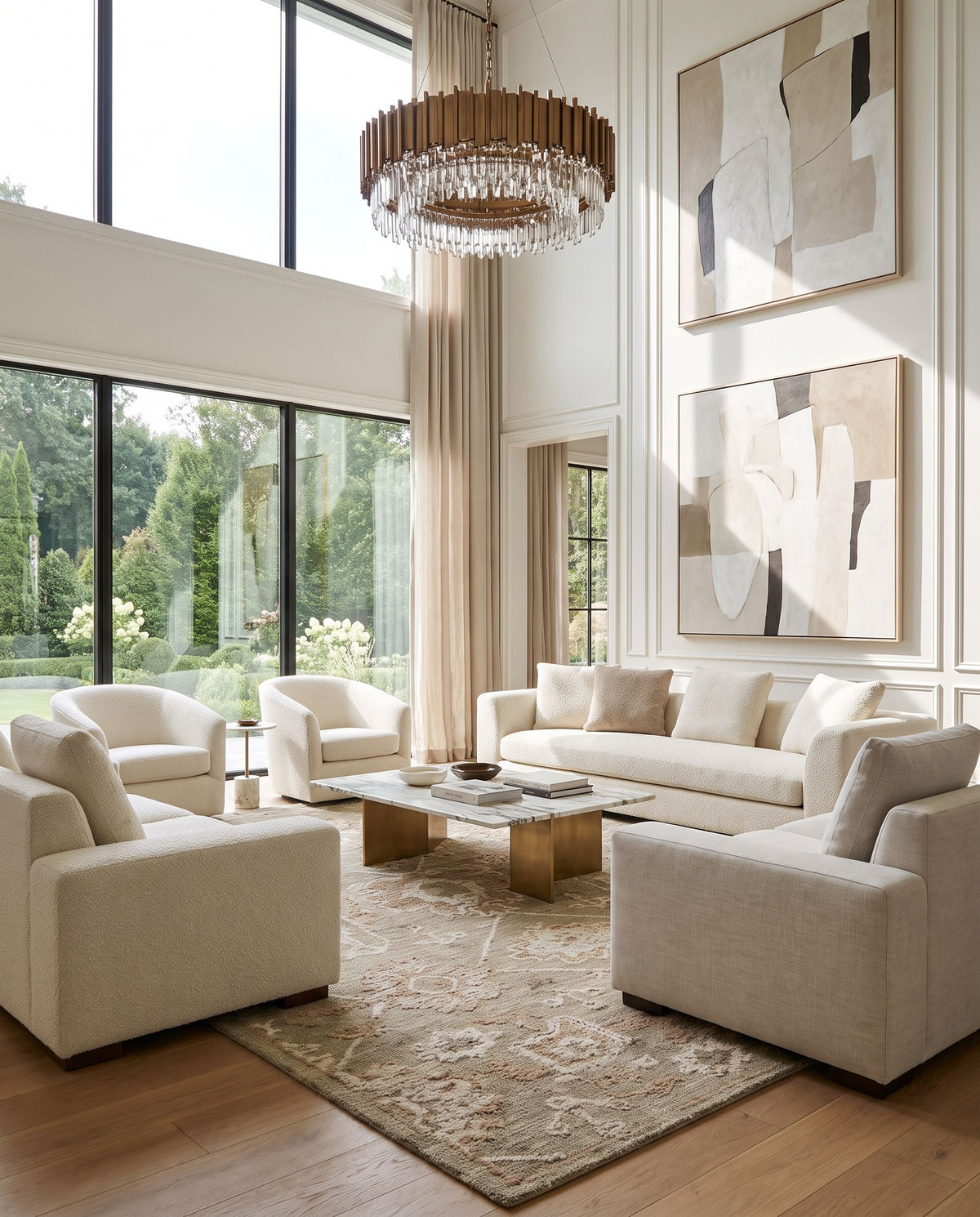 Kosekoy Hand Tufted Rug styled in an elegant designer living room — hand tufted traditional area rug in sage, taupe, ivory and blush tones