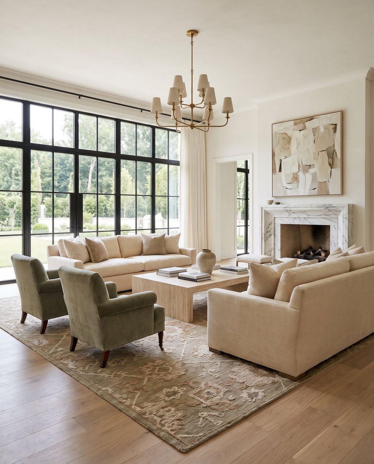 Kosekoy Hand Tufted Rug styled in an elegant designer living room — hand tufted traditional area rug in sage, taupe, ivory and blush tones