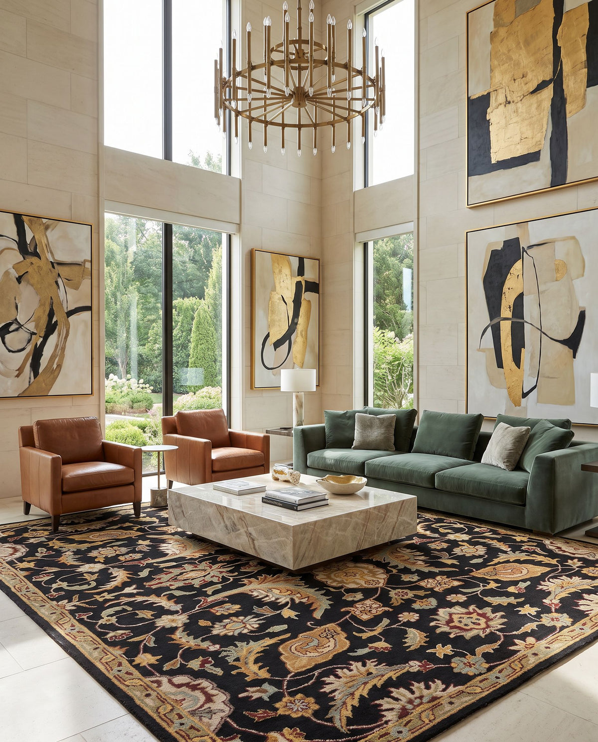 Kolding Hand Tufted Rug as the centerpiece of a bright luxury living room — a hand tufted traditional area rug in black, camel, beige and gray tones