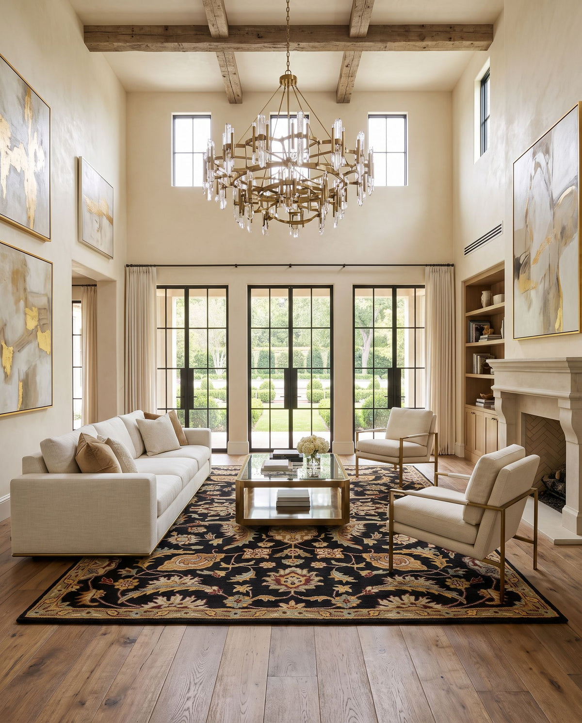 Kolding Hand Tufted Rug styled in an elegant designer living room — hand tufted traditional area rug in black, camel, beige and gray tones