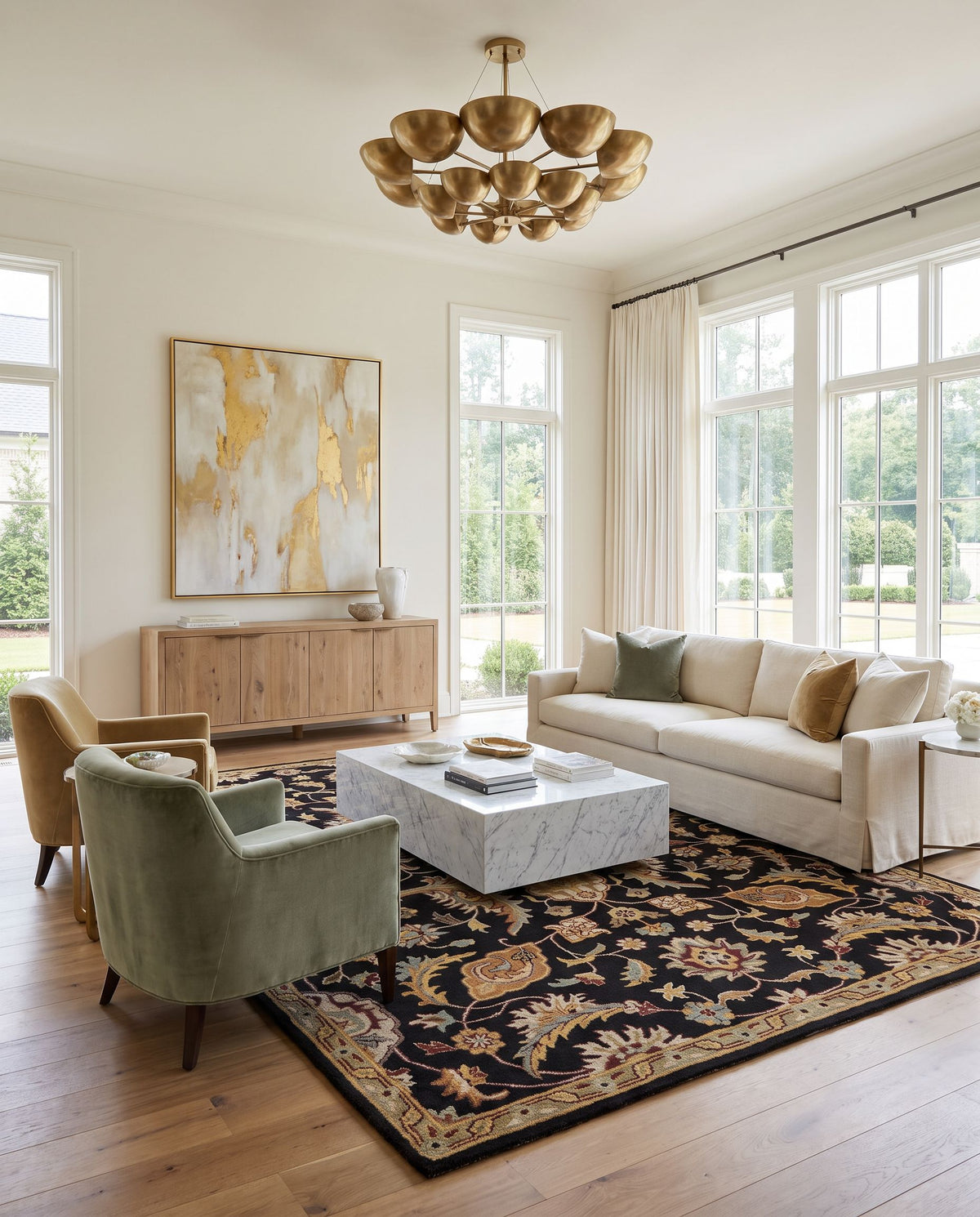 Kolding Hand Tufted Rug styled in an elegant designer living room — hand tufted traditional area rug in black, camel, beige and gray tones