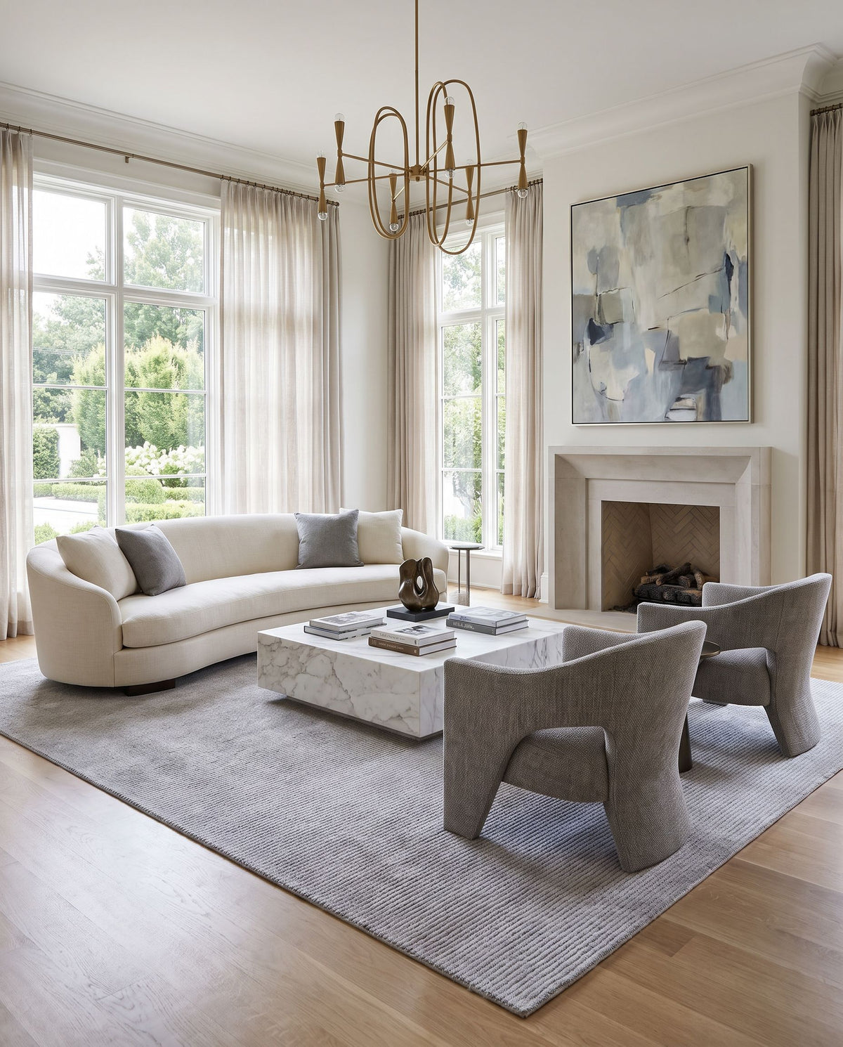 Karadeniz Hand Tufted Rug styled in an elegant designer living room — hand tufted modern area rug in silver, dove gray and ash tones