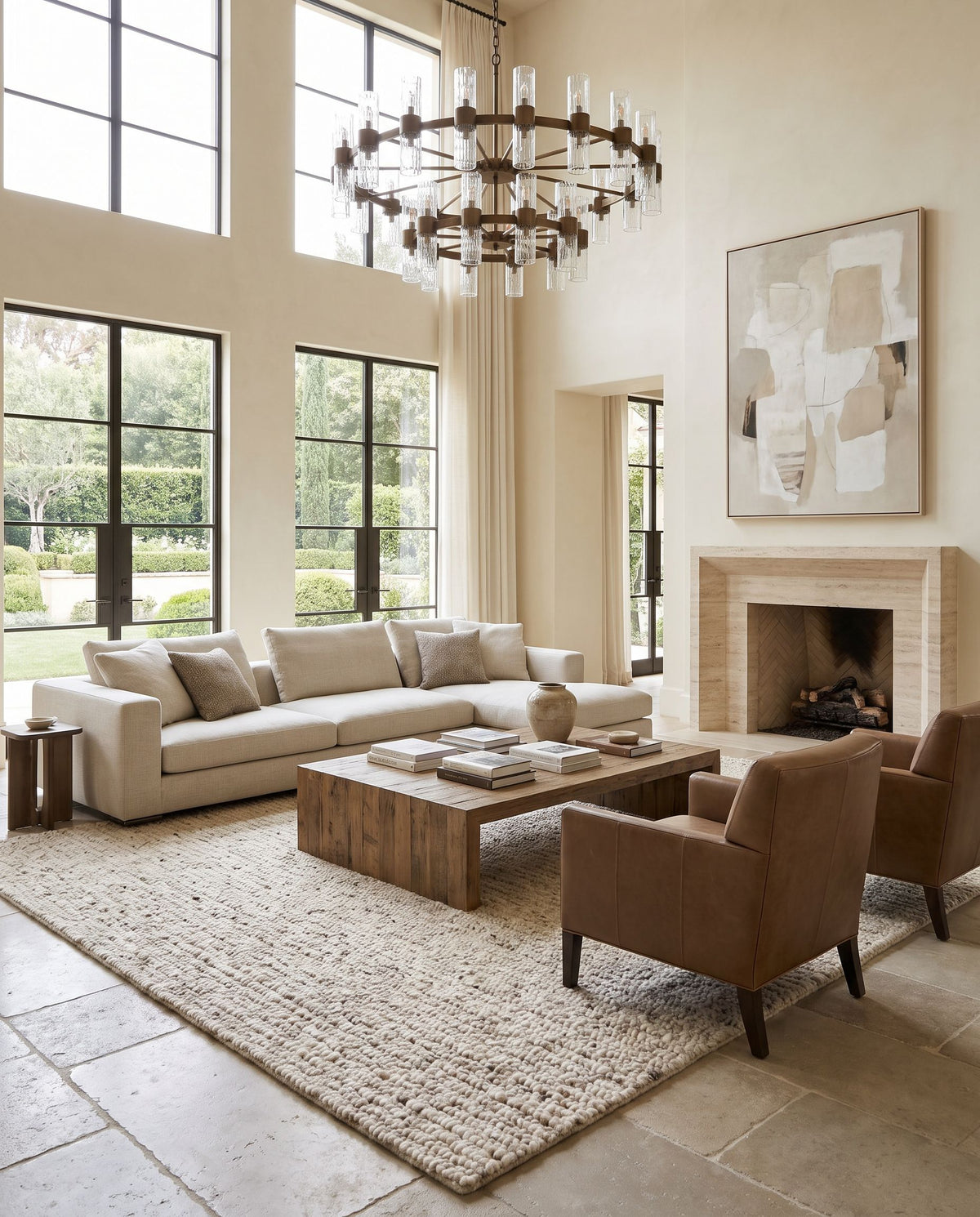 Karapinar Hand Tufted Rug as the centerpiece of a bright luxury living room — a hand tufted cottage area rug in beige, taupe, charcoal and cream tones