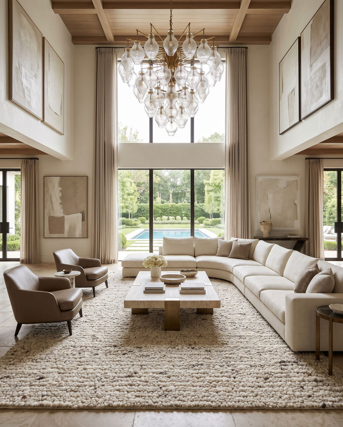 Karapinar Hand Tufted Rug styled in an elegant designer living room — hand tufted cottage area rug in beige, taupe, charcoal and cream tones