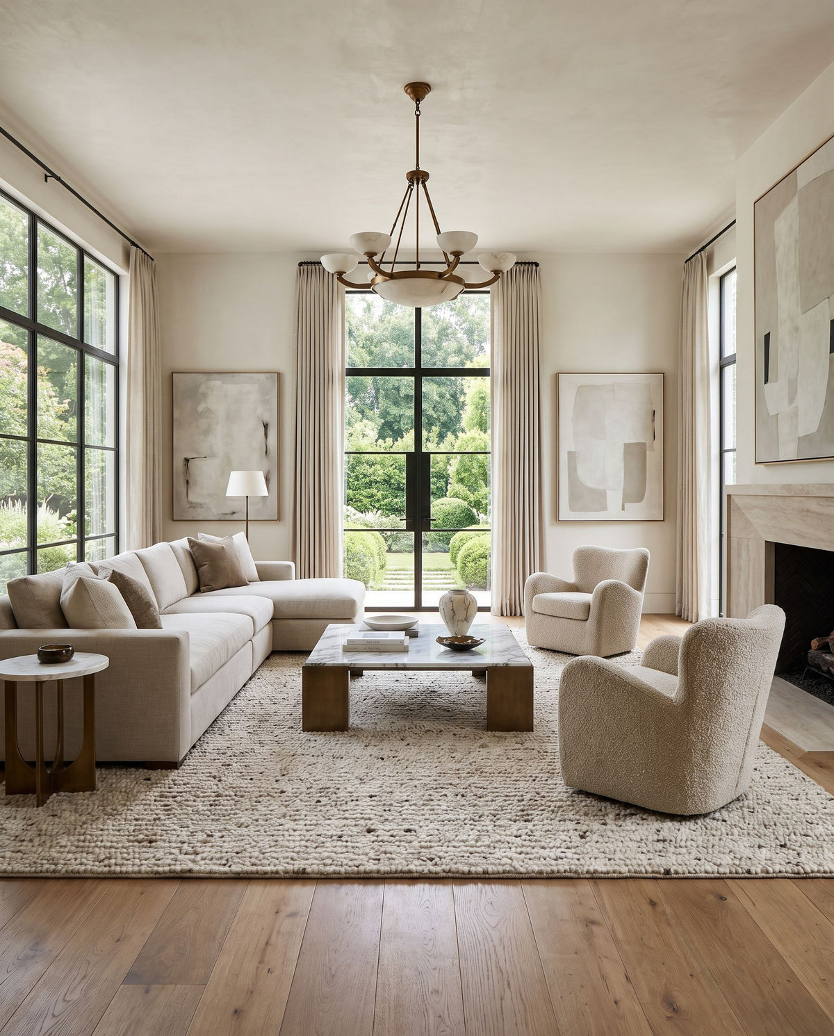 Karapinar Hand Tufted Rug styled in an elegant designer living room — hand tufted cottage area rug in beige, taupe, charcoal and cream tones