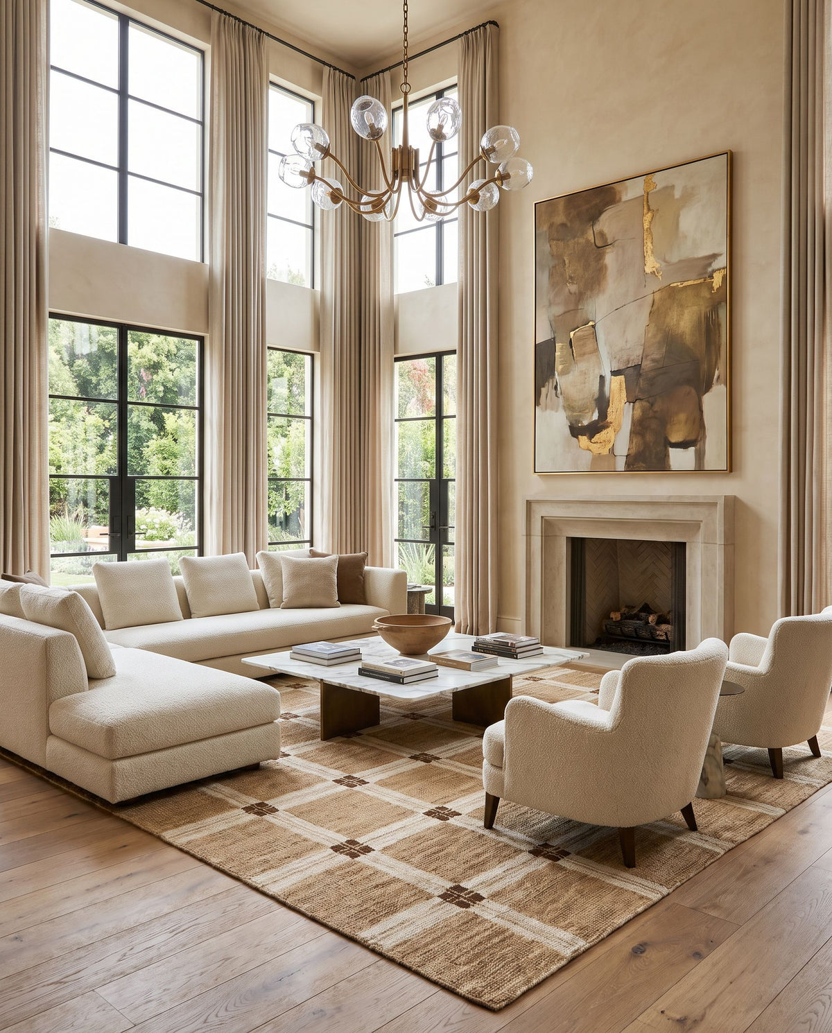 Kartepe Hand Tufted Rug as the centerpiece of a bright luxury living room — a hand tufted modern area rug in warm neutral tones