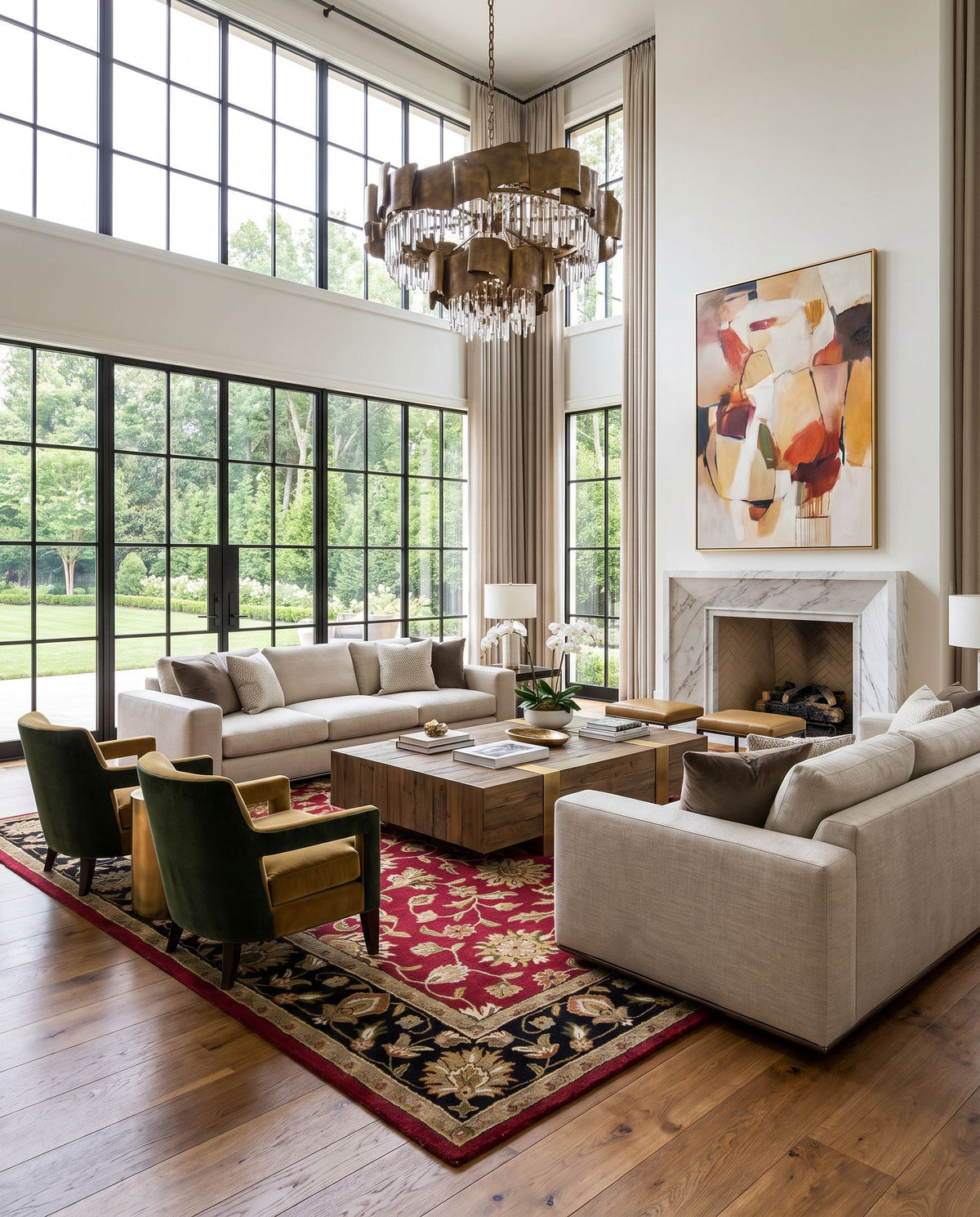 Kiruna Hand Tufted Rug as the centerpiece of a bright luxury living room — a hand tufted traditional area rug in burgundy, black, brown and light beige tones
