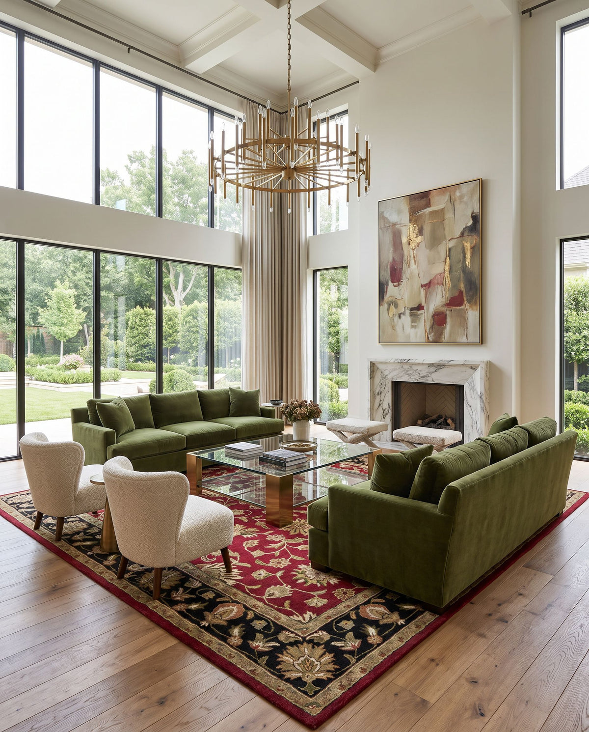 Kiruna Hand Tufted Rug styled in an elegant designer living room — hand tufted traditional area rug in burgundy, black, brown and light beige tones